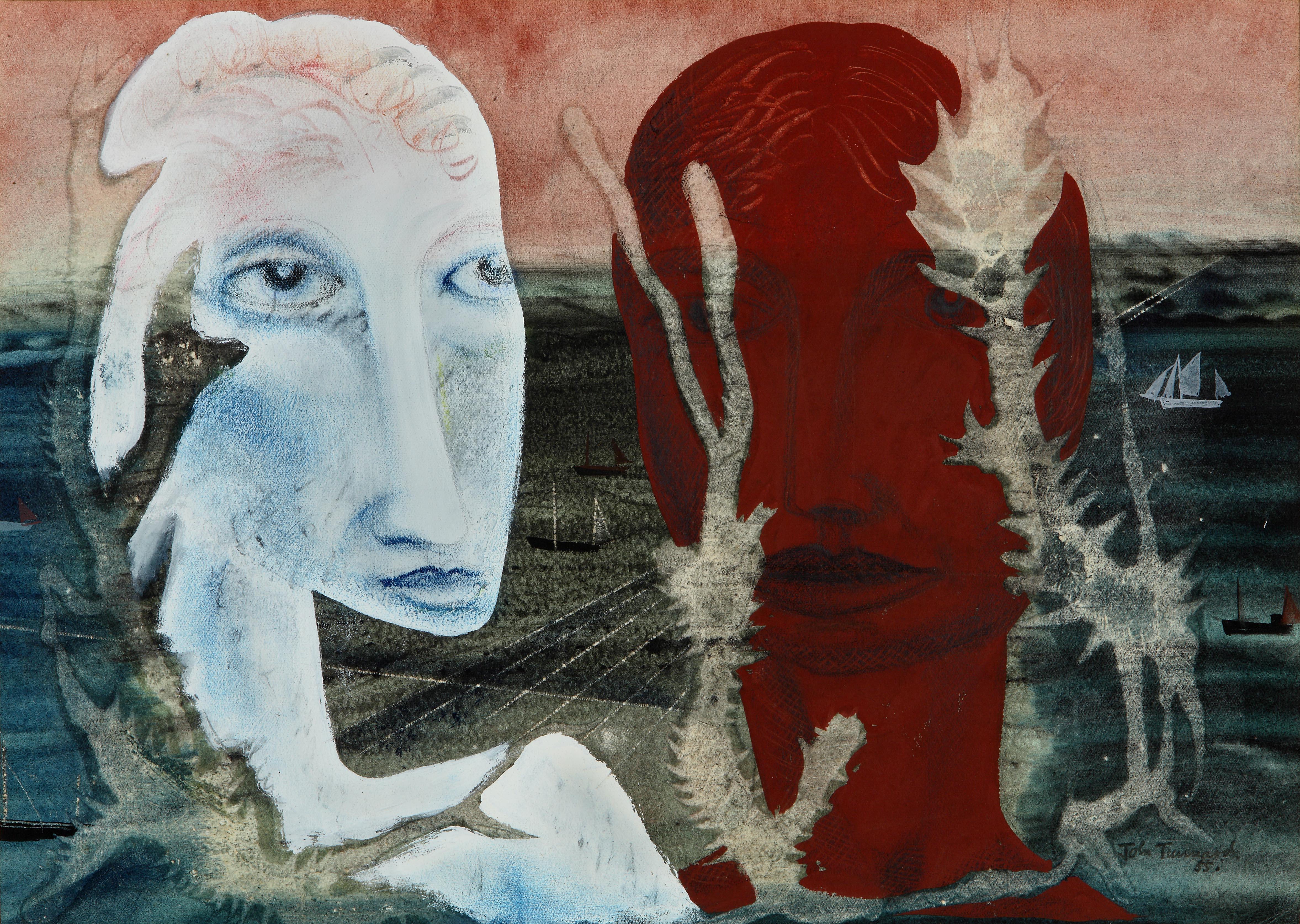 Paper John Tunnnard, Two Heads, Watercolor and Gouache, 1950s, Picture, Surrealism