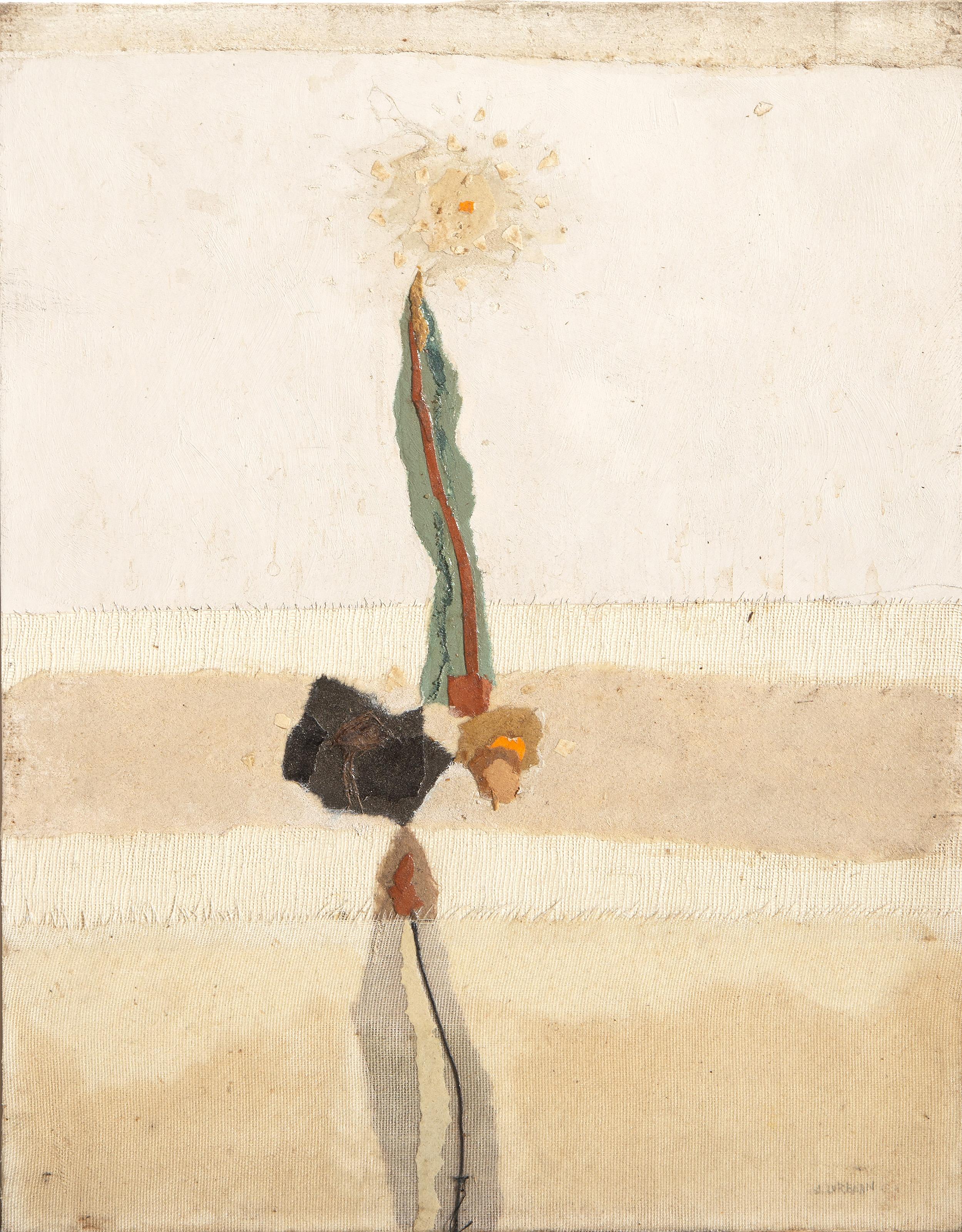 Planta en flor, acrílico minimalista y collage sobre tabla de John Urbain en venta 1