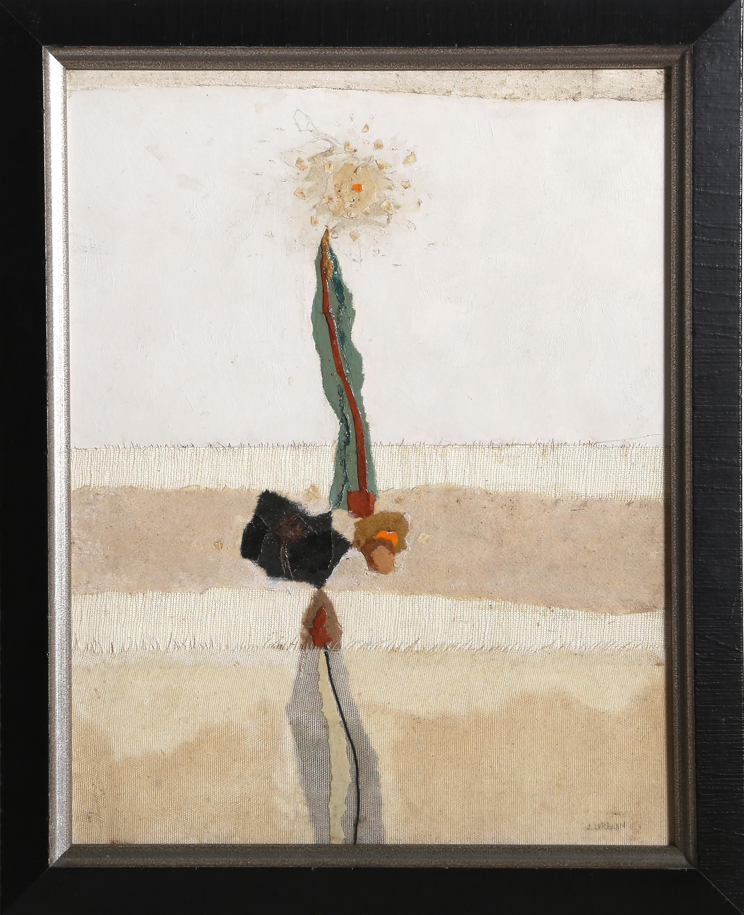  John Urbain, belga/americano (1920 - 2009) -  Planta en flor, Año: 1978, Técnica: Acrílico y collage sobre tabla, firmado a lápiz abajo a la derecha, fechado y firmado en el verso, Tamaño: 35,56 x 27,94 cm (14 x 11 pulg.), Tamaño del marco: 16 x 13