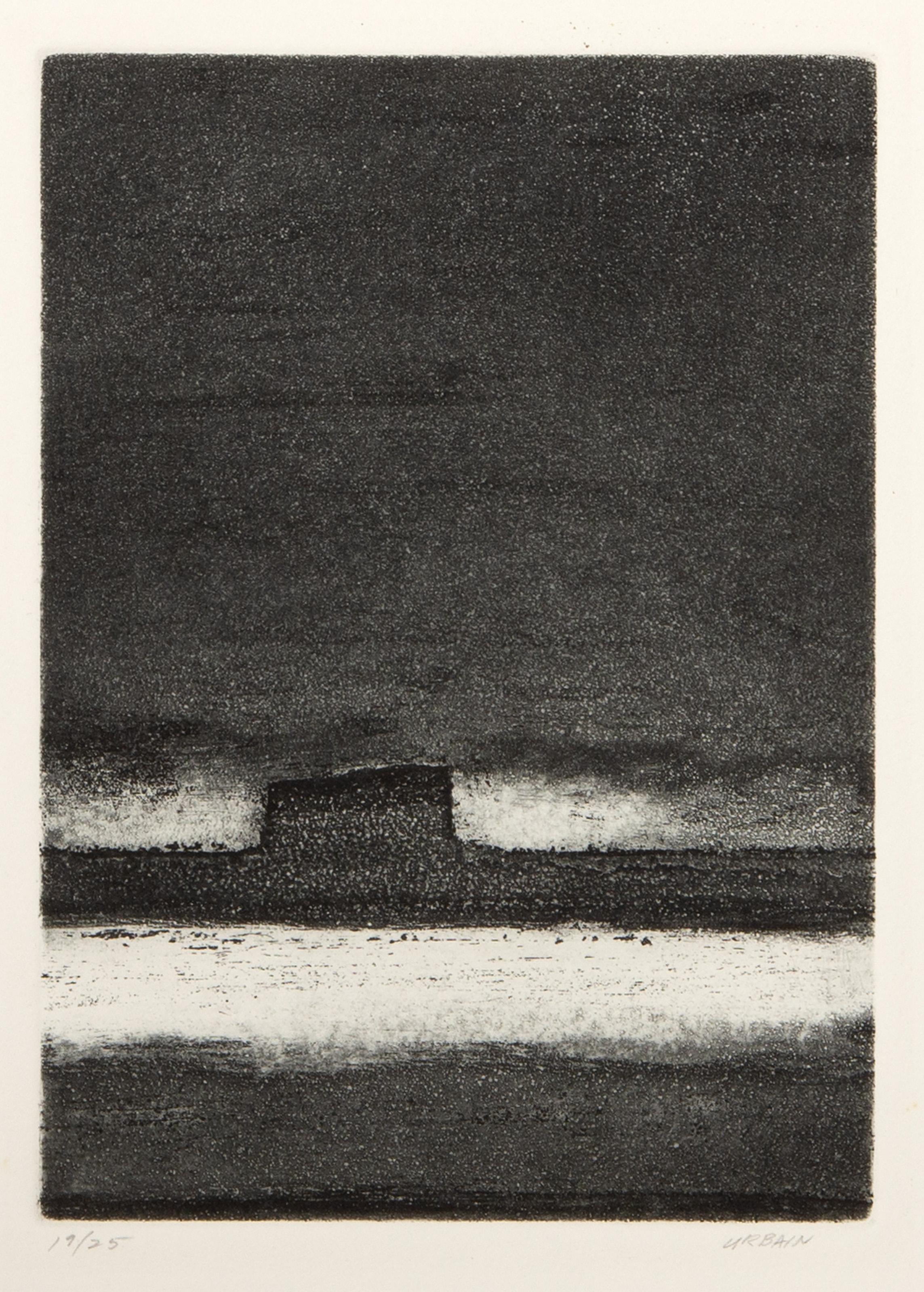  John Urbain, belga/americano (1920 - 2009) -  Casas de la Isla, Año: hacia 1967, Técnica: Aguafuerte, firmado y numerado a lápiz, Edición: 19/25, Tamaño de la imagen: 6,75 x 4,75 pulgadas, Tamaño: 14,25 x 10,75 pulgadas (36,2 x 27,31 cm) 
