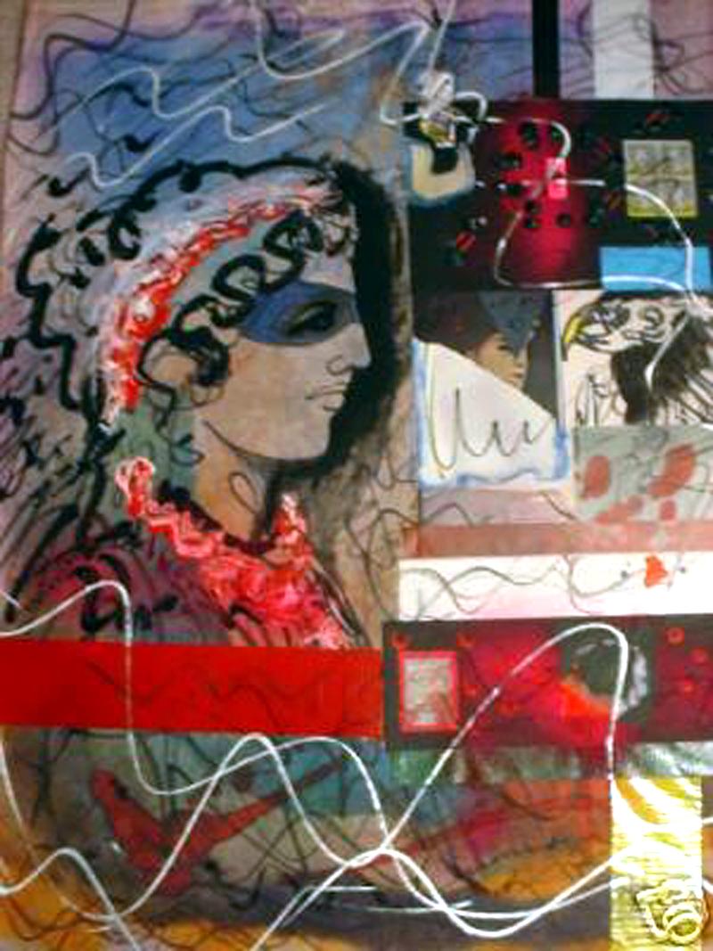Sin título:  Dos Collages - Las Figuras Centrales son un Hombre/Mujer; Hacen una Bonita Pareja. - Mixed Media Art Abstracto de John V. Moraitis 