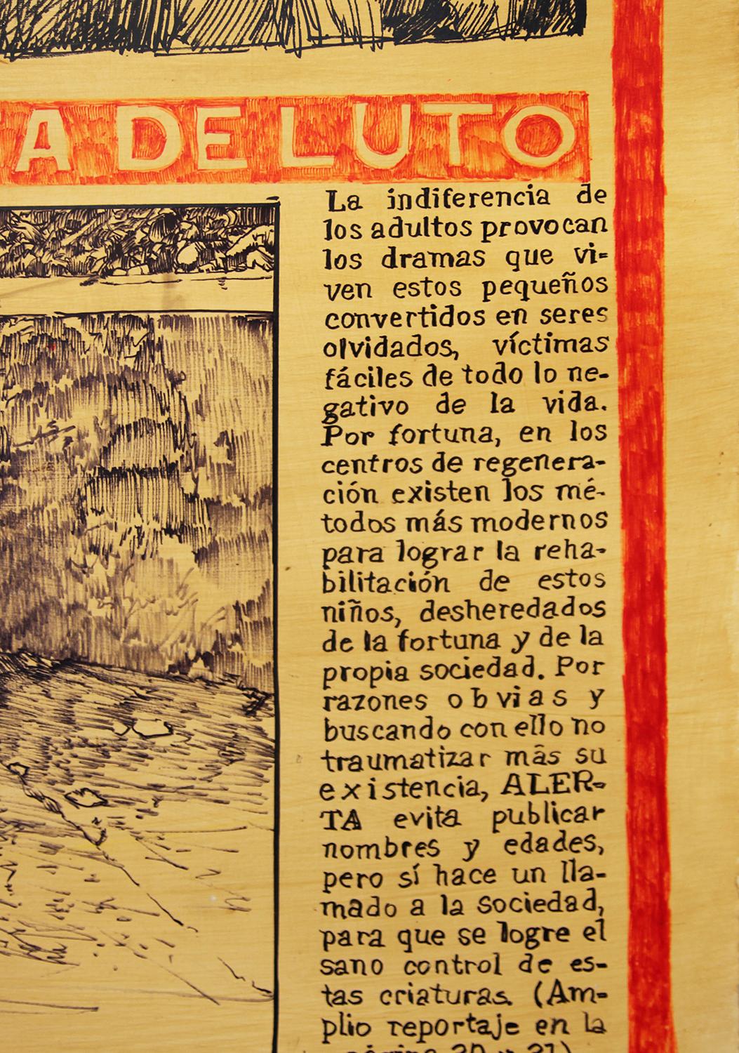Quadro moderno di commento sociale su larga scala dell'artista californiano John Valdez. Viene fornito con il disegno originale e un libro sull'artista. Ispirandosi alla copertina di un tabloid messicano, Valadez invita lo spettatore a esaminare la