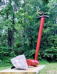 "Ascension (red reamer)", Abstract Outdoor Sculpture, Stone, Metal, Industrial
