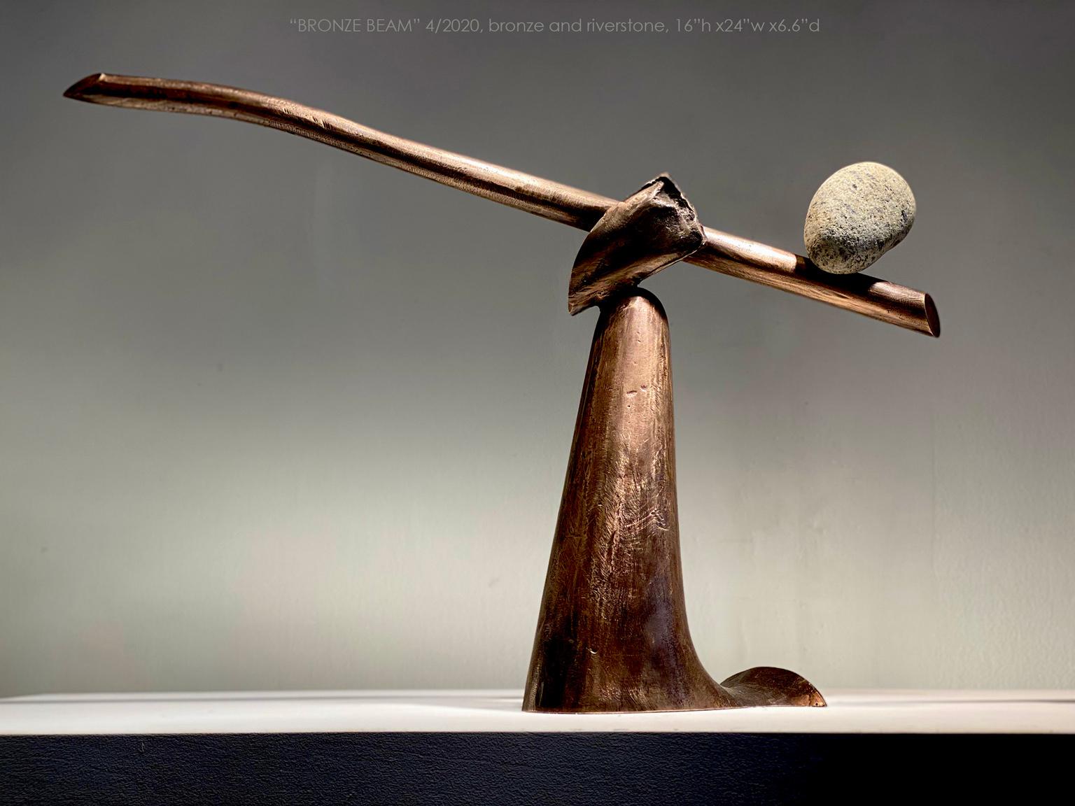 Abstract Sculpture John Van Alstine - "BRONZE BEAM", Sculpture abstraite industrielle en métal et pierre