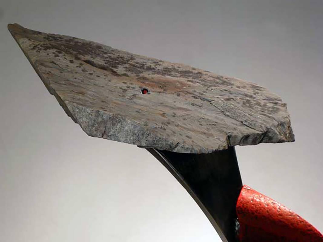 Slate, pigmented and sealed steel

Stone and metal, usually granite or slate and found object steel are central in my sculpture. The interaction of these materials is a major focus. On the most basic level the work is about the marriage of the