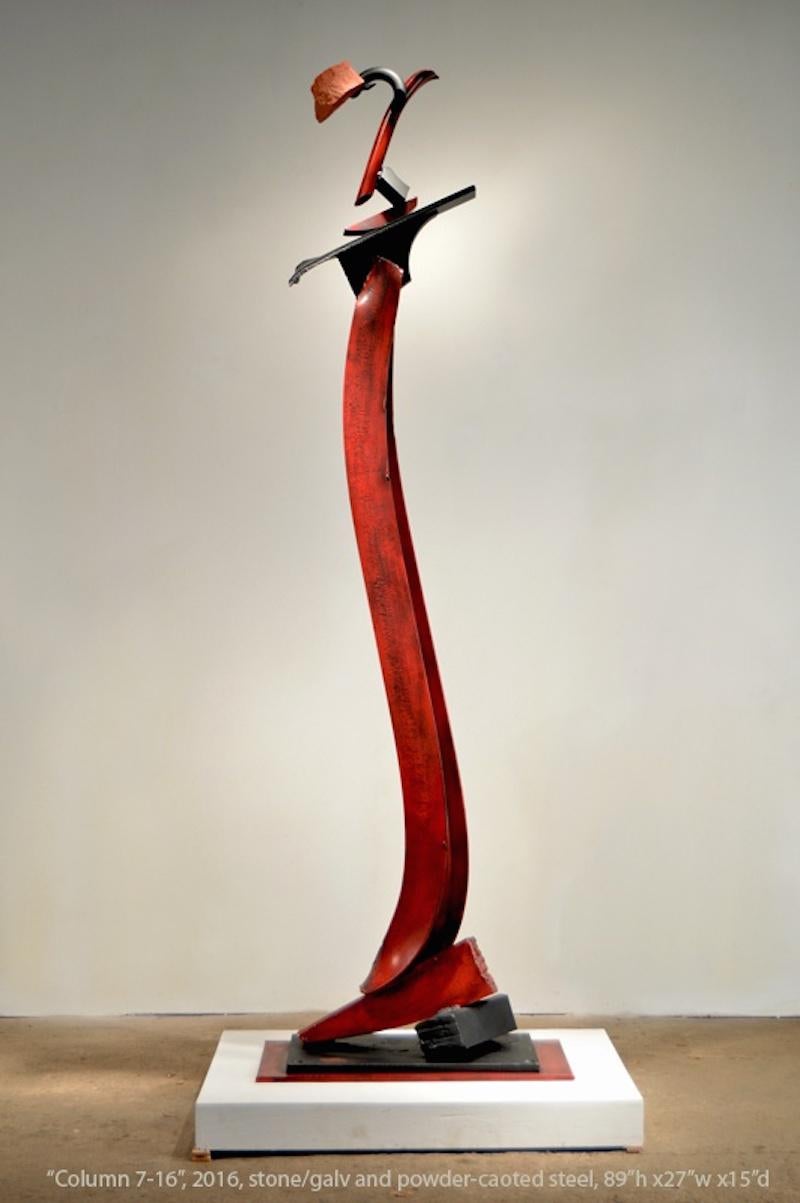 Column 7-16, John Van Alstine.

Stone and metal, usually granite or slate and found object steel are central in my sculpture. The interaction of these materials is a major focus. On the most basic level the work is about the marriage of the natural