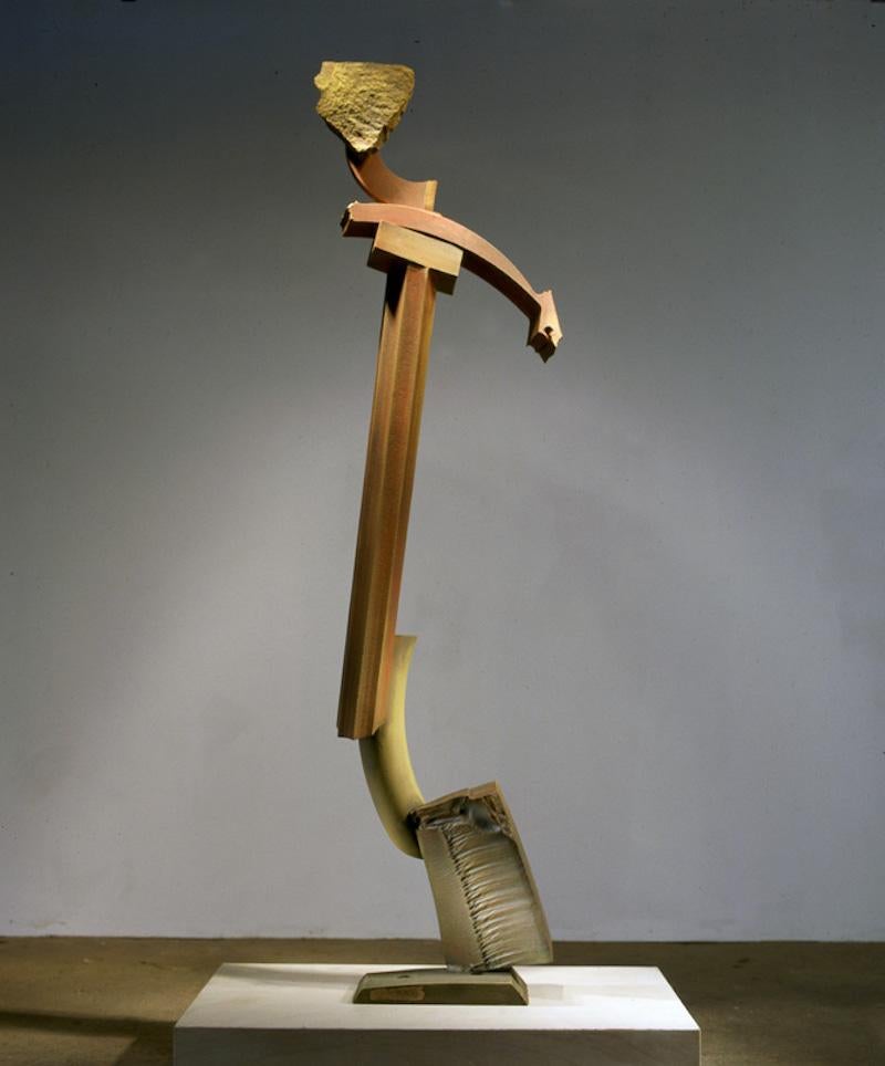 HANGING CHAD COLUMN
Enamel on granite and steel
77" (height) x 24" (width) x 10" (depth)

Stone and metal, usually granite or slate, and found object steel are central in my sculpture. The interaction of these materials is a major focus. On the most