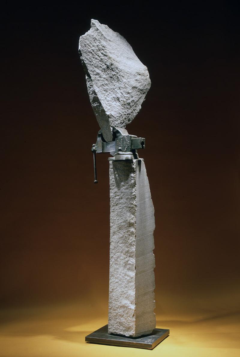KOUROS
Granite/steel
103" (height) x 29" (width) x 22" (depth)

Stone and metal, usually granite or slate, and found object steel are central in my sculpture. The interaction of these materials is a major focus. On the most basic level, the work is