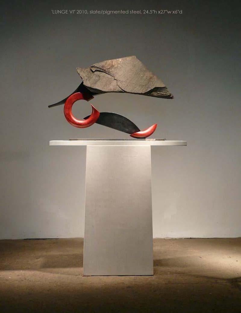 Medium: Riverstone, Pigmented and Sealed Steel

Stone and metal, usually granite or slate and found object steel are central in my sculpture. The interaction of these materials is a major focus. On the most basic level the work is about the marriage