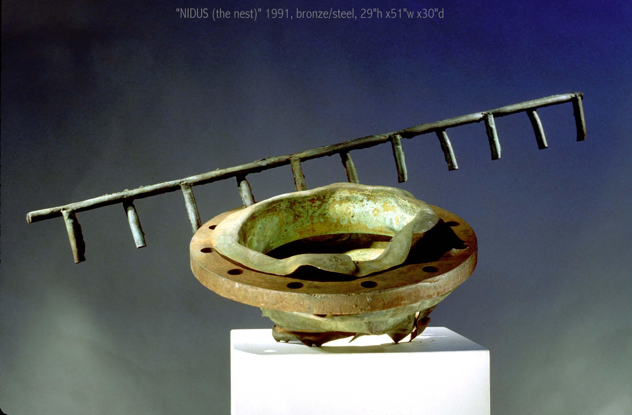 NIDUS (Das Nest)
Bronze und Stahl
29" (Höhe) x 51" (Breite) x 30" (Tiefe)

Stein und Metall, in der Regel Granit oder Schiefer, sowie Fundstücke aus Stahl spielen in meinen Skulpturen eine zentrale Rolle. Die Interaktion dieser MATERIALIEN ist ein