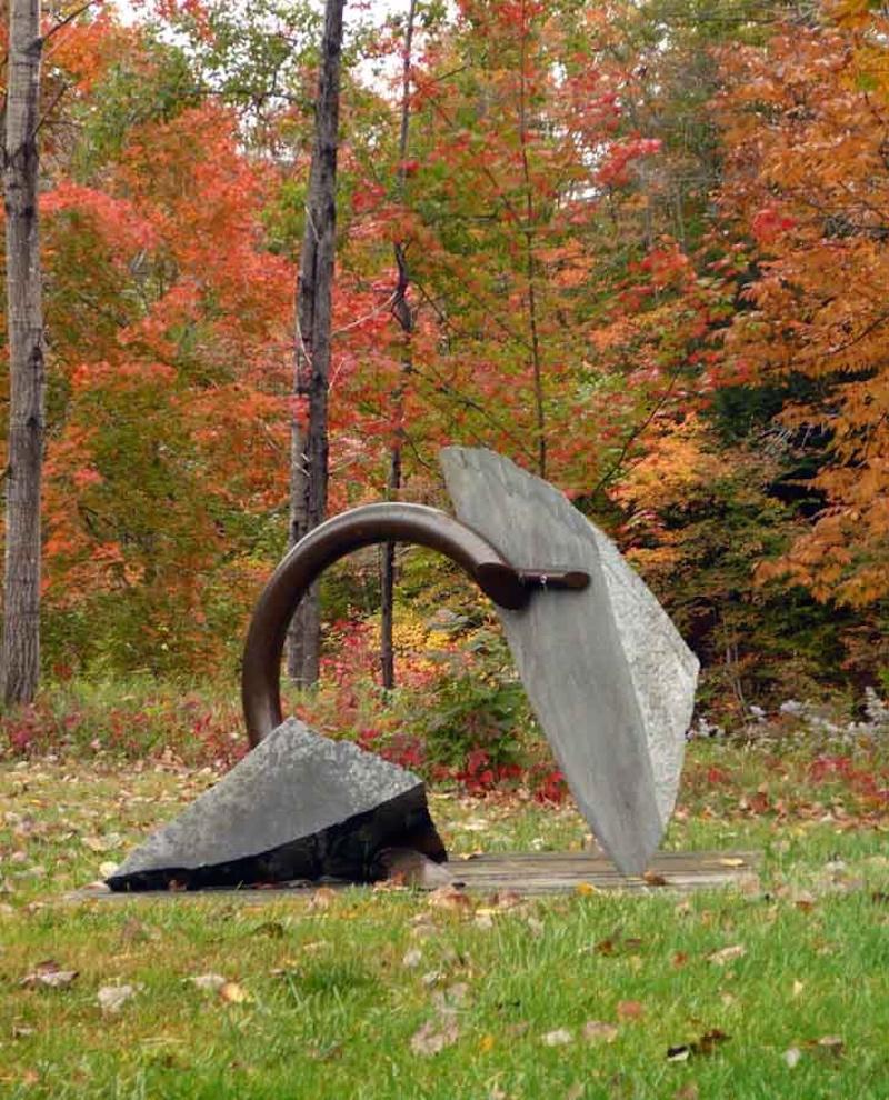 Pique A Terre VIII, John Van Alstine.
Stone and metal, usually granite or slate and found object steel are central in my sculpture. The interaction of these materials is a major focus. On the most basic level the work is about the marriage of the