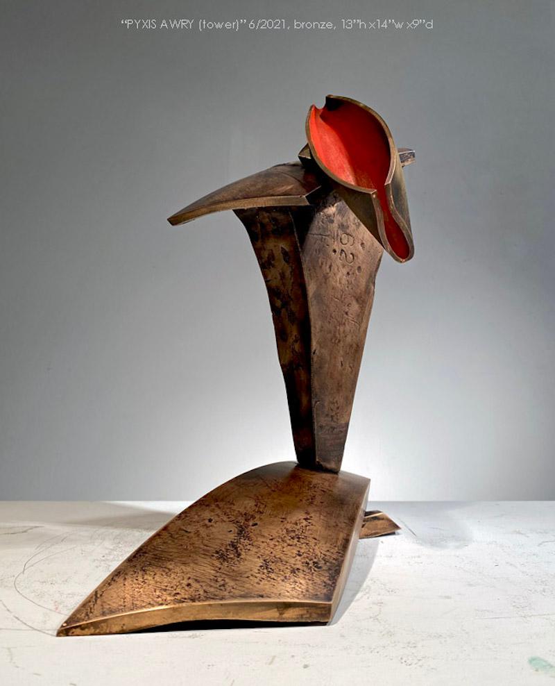Pyxis
Pigment de bronze et de rouge
13" x 14" x 9"

La pierre et le métal, généralement le granit ou l'ardoise, et l'acier des objets trouvés sont au cœur de ma sculpture. L'interaction de ces matériaux est une préoccupation majeure. Au niveau le