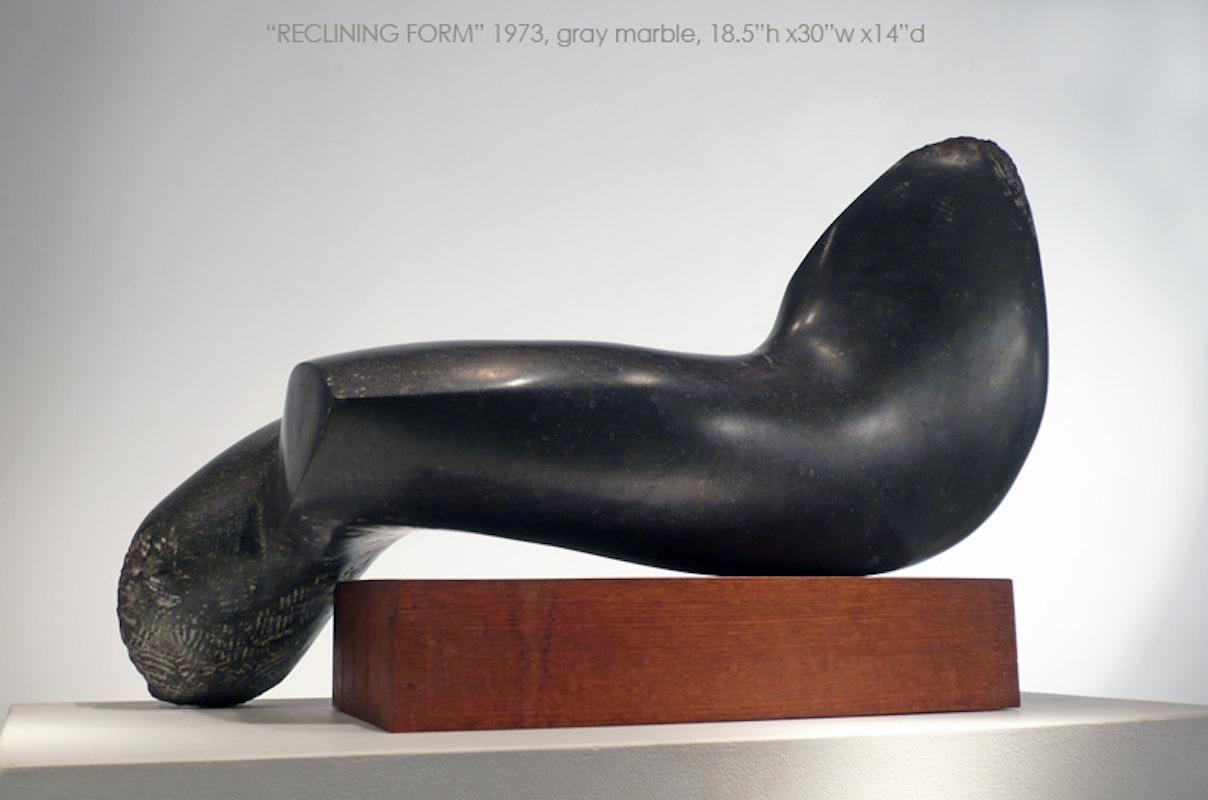 RECLINING FIGURE
Gray Vermont marble
18" (height) x 30" (width) x 14" (depth)

Stone and metal, usually granite or slate, and found object steel are central in my sculpture. The interaction of these materials is a major focus. On the most basic
