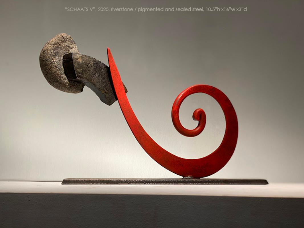 Stone and metal, usually granite or slate, and found object steel are central in my sculpture. The interaction of these materials is a major focus. On the most basic level, the work is about the marriage of the natural with the human-made. Stone is