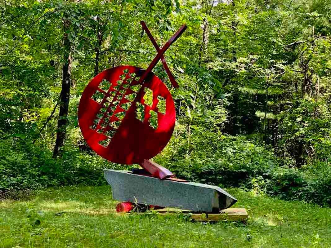 Sisyphean Circle (OX) Fallen Obelisk
Granite and galvanized and powder-coated steel
123" (height) x 102" (width) x 43" (depth)

Stone and metal, usually granite or slate, and found object steel are central in my sculpture. The interaction of these
