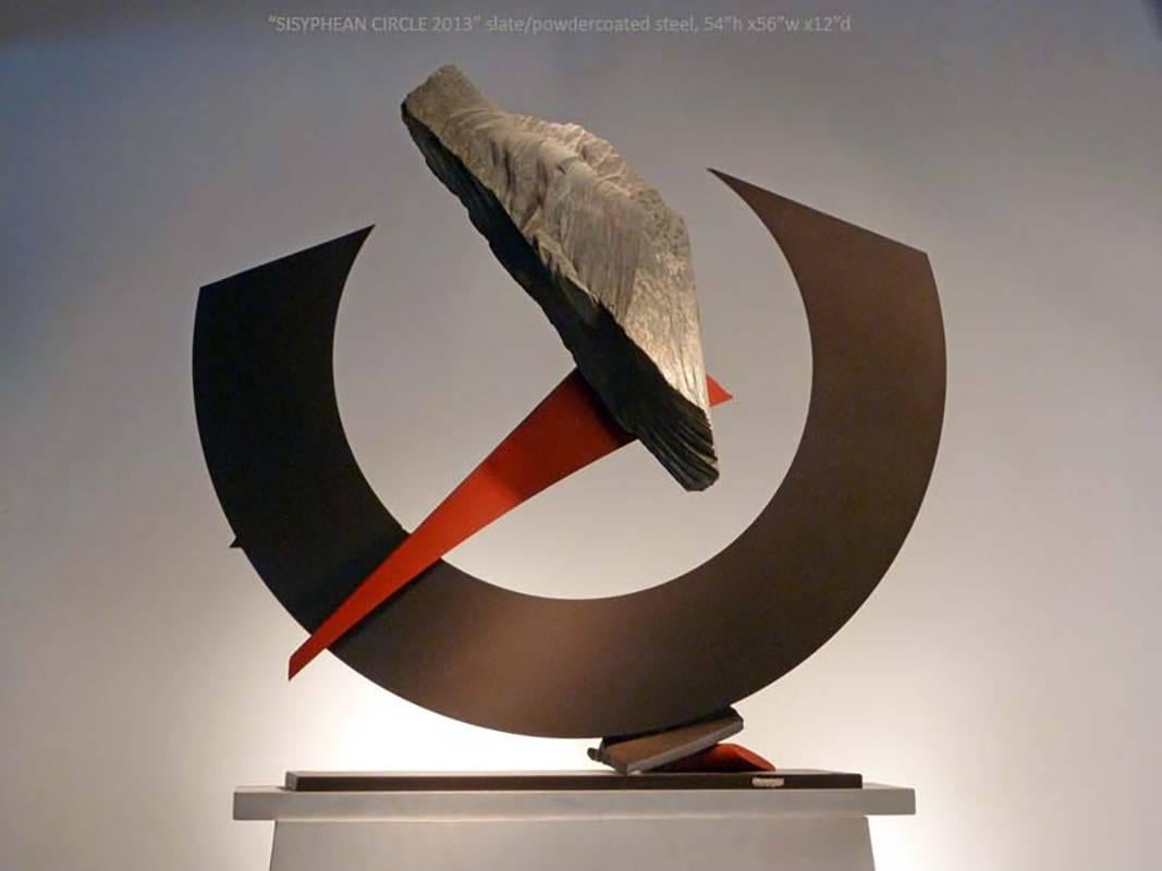 slate/ powder coated steel

Stone and metal, usually granite or slate and found object steel are central in my sculpture. The interaction of these materials is a major focus. On the most basic level the work is about the marriage of the natural with