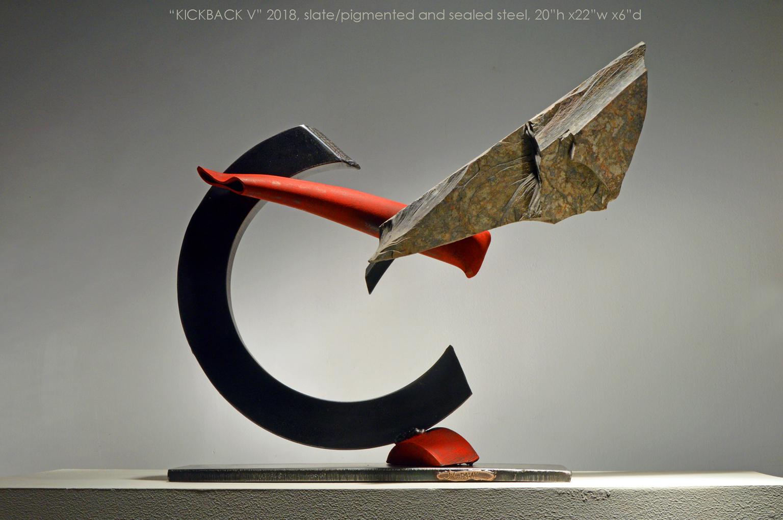 "Kickback V", Industrial Abstract Sculpture in slate stone & steel metal 