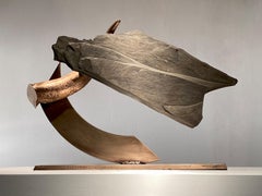 "LUNGE (cornu)", Industrial Abstract Sculpture in Slate Stone & Bronze Metal 