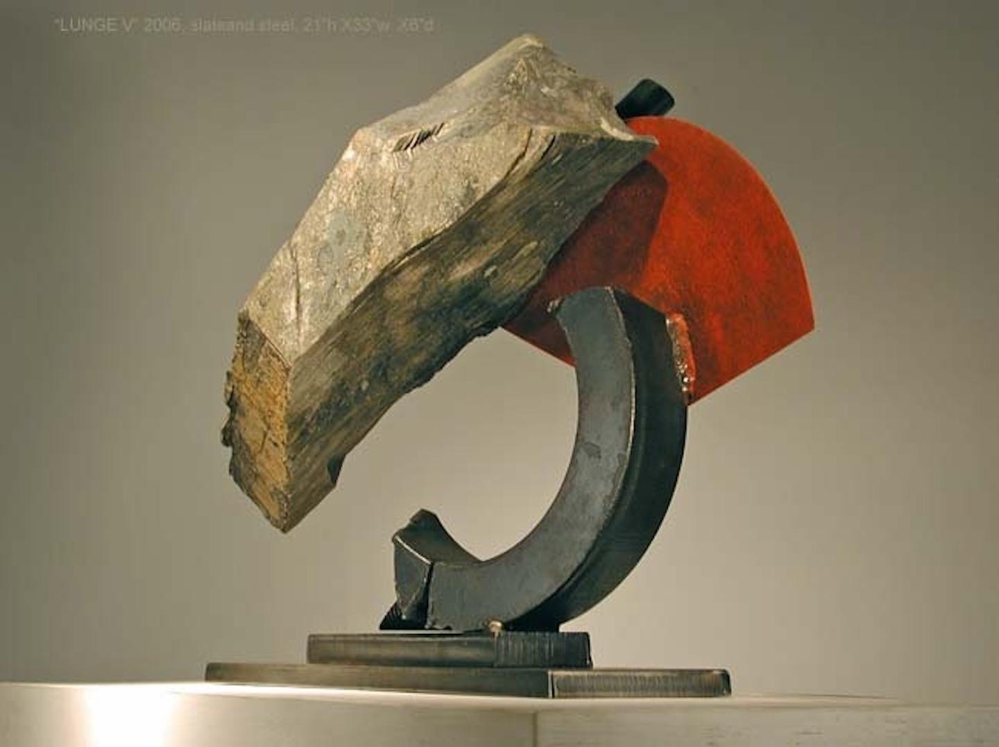 Stone and metal,usually granite or slate and found object steel are central in my sculpture. The interaction of these materials is a major focus. On the most basic level the work is about the marriage of the natural with the human-made. Stone is