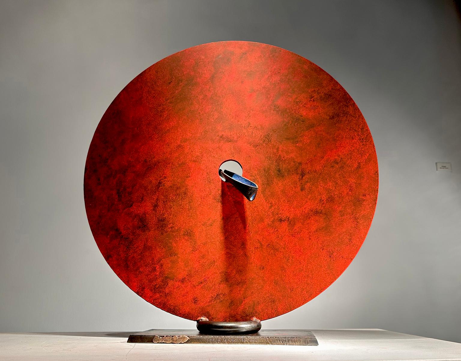 Abstract Sculpture John Van Alstine - "Pyxis Awry (grand rouge), sculpture industrielle abstraite en métal et pierre
