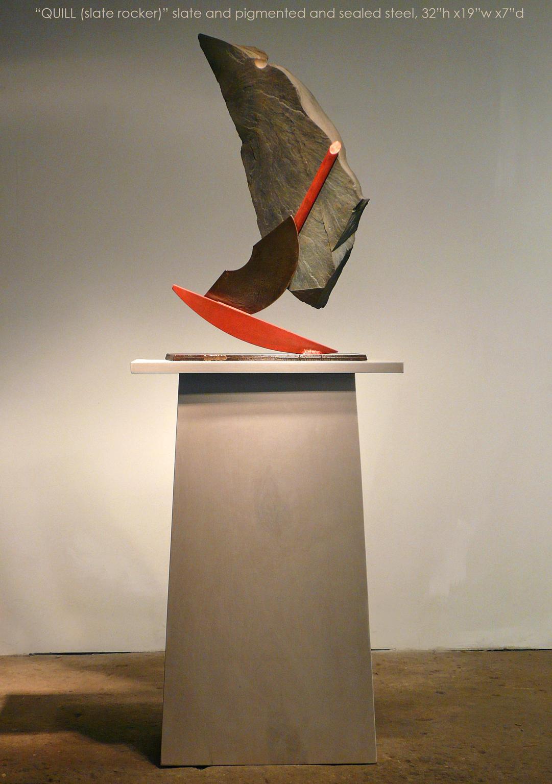 „QUILL II (Schaukelstuhl)“, abstrakte industrielle abstrakte Skulptur aus Metall und Stein (Abstrakt), Sculpture, von John Van Alstine