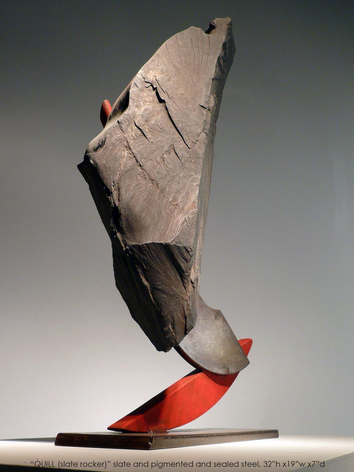 "QUILL II (Slate Rocker)", Industrial Abstract Sculpture in Metal & Stone
