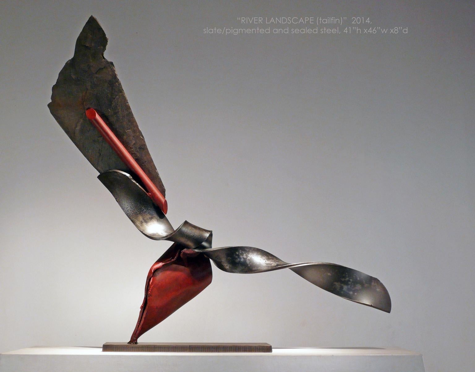 « RIVER LANDSCAPE (tailfin) », sculpture abstraite industrielle en métal et pierre - Sculpture de John Van Alstine