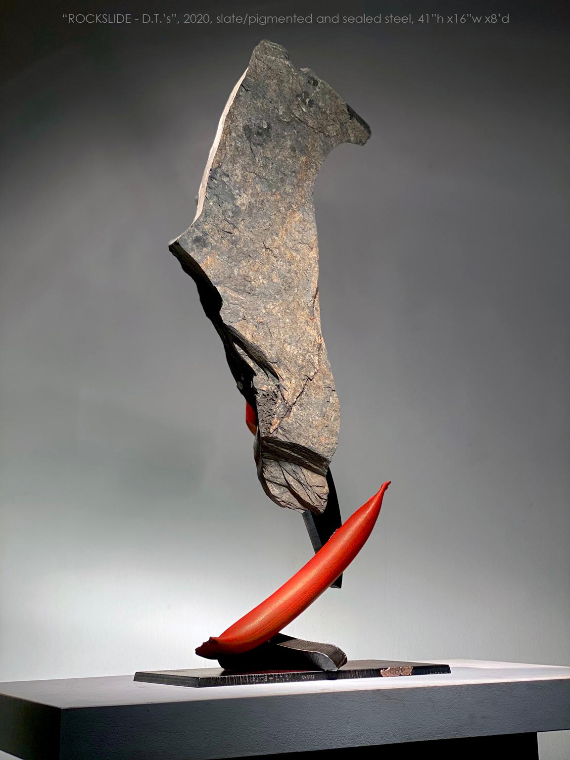 «ROCKSLIDE D.T.s », sculpture abstraite industrielle en métal et pierre - Sculpture de John Van Alstine