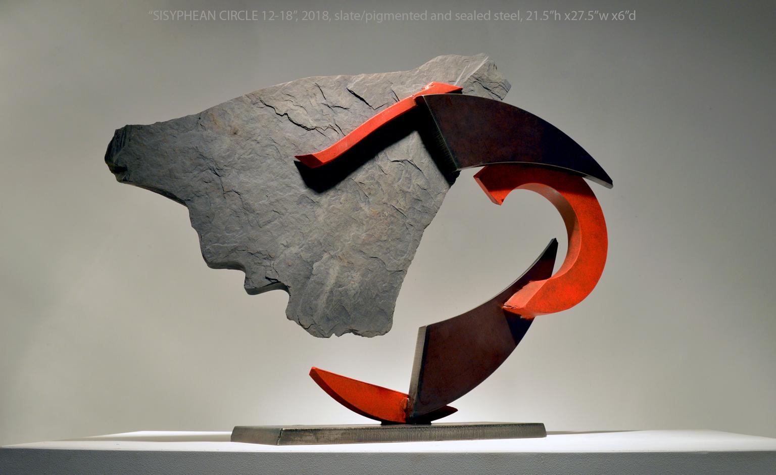 SISYPHEAN CIRCLE 12-18, Schiefer, Stahl, abstrakte industrielle Skulptur, Metall, Stein (Abstrakt), Sculpture, von John Van Alstine