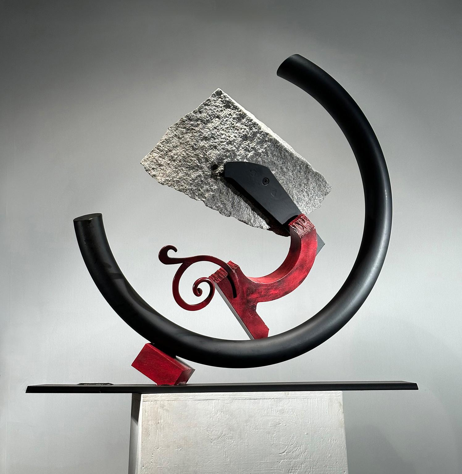 „Sisyphean Circle (Twirl IV)“, industrielle, abstrakte Skulptur aus Metall und Stein (Abstrakt), Sculpture, von John Van Alstine