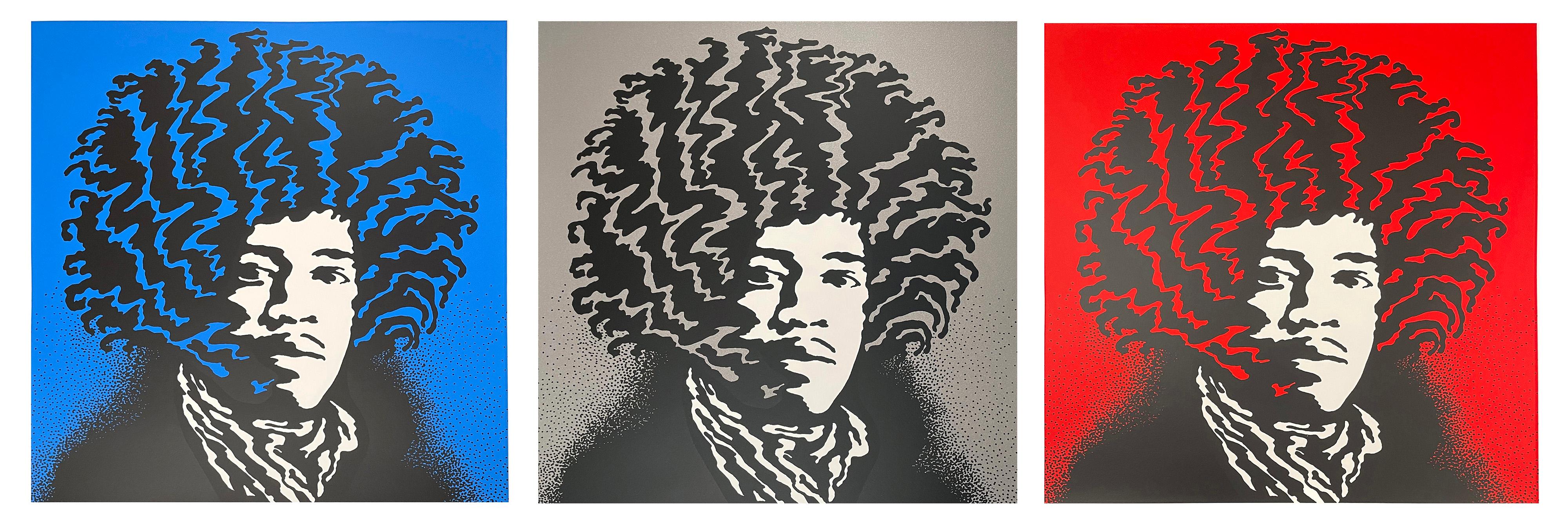 The New Jimi Hendrix Silkscreens
A suite of 3 silkscreens, blue, red + silver - hand pulled by the artist
Paper size: 28 x 28