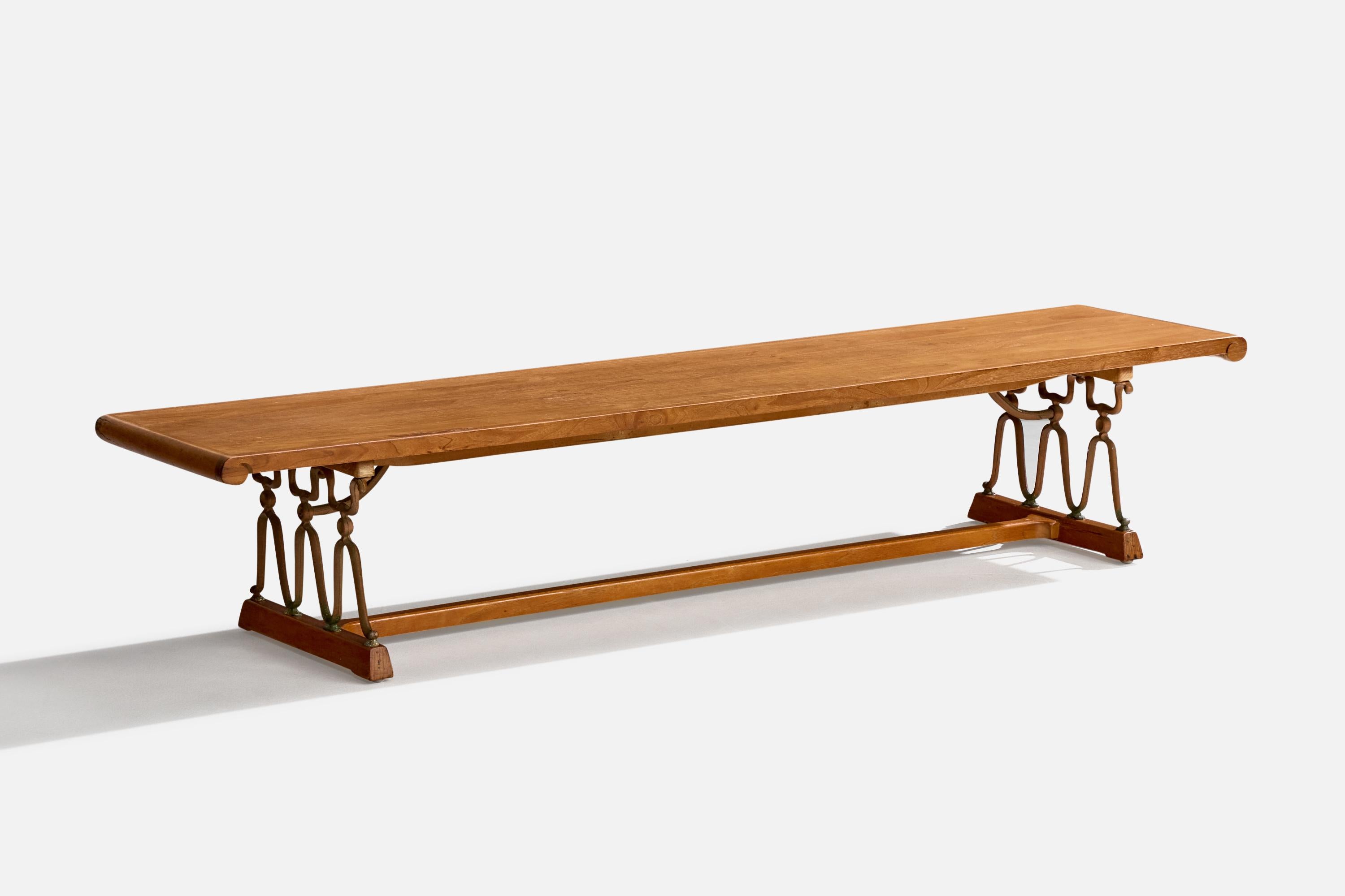 A walnut and bronze-painted iron bench or coffee table designed by John Van Koert and produced by Drexel, USA, c. 1950s.

Overall Dimensions (inches): 14.0