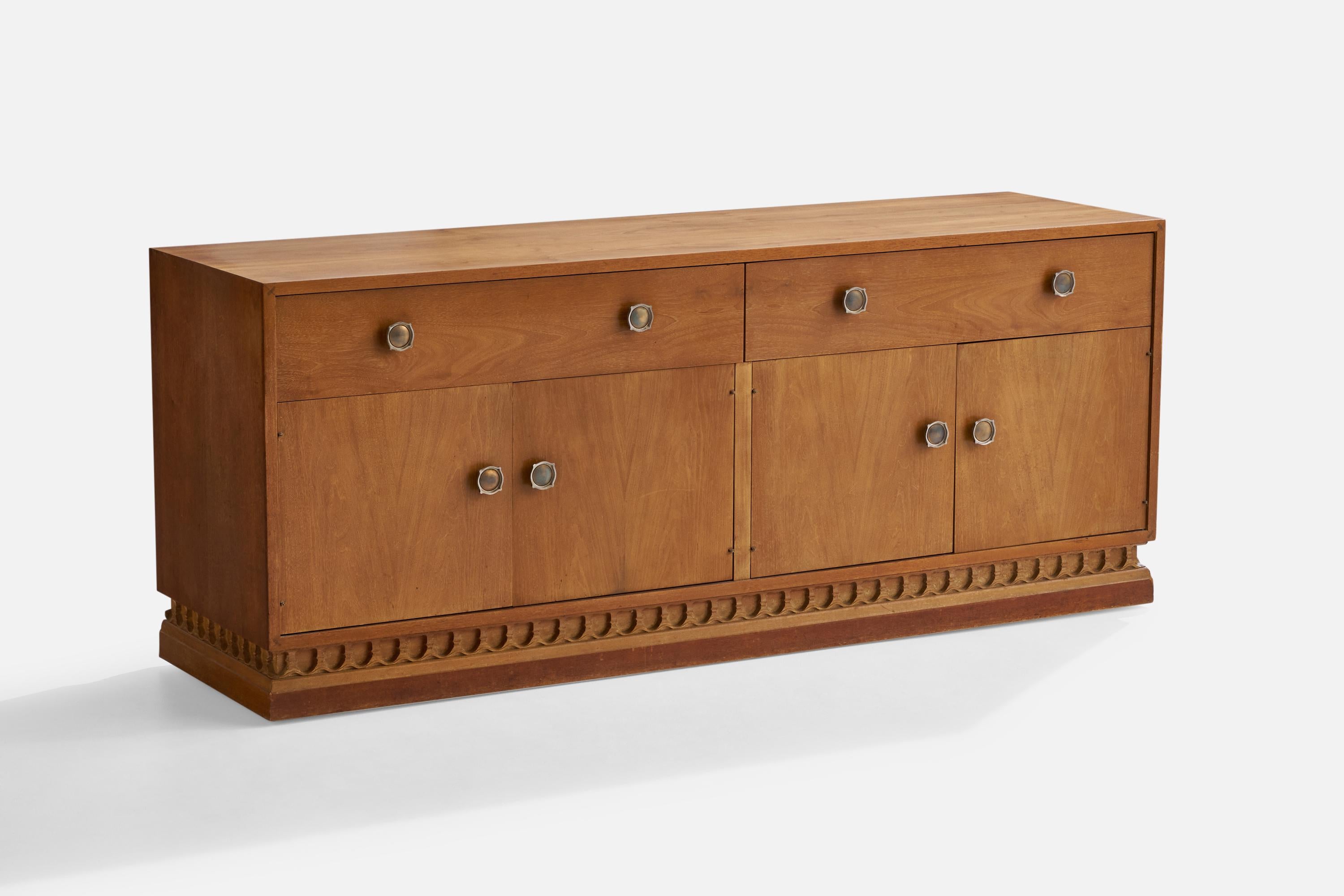 An oak and brass cabinet designed by John Van Koert and produced by Drexel, USA, 1950s.