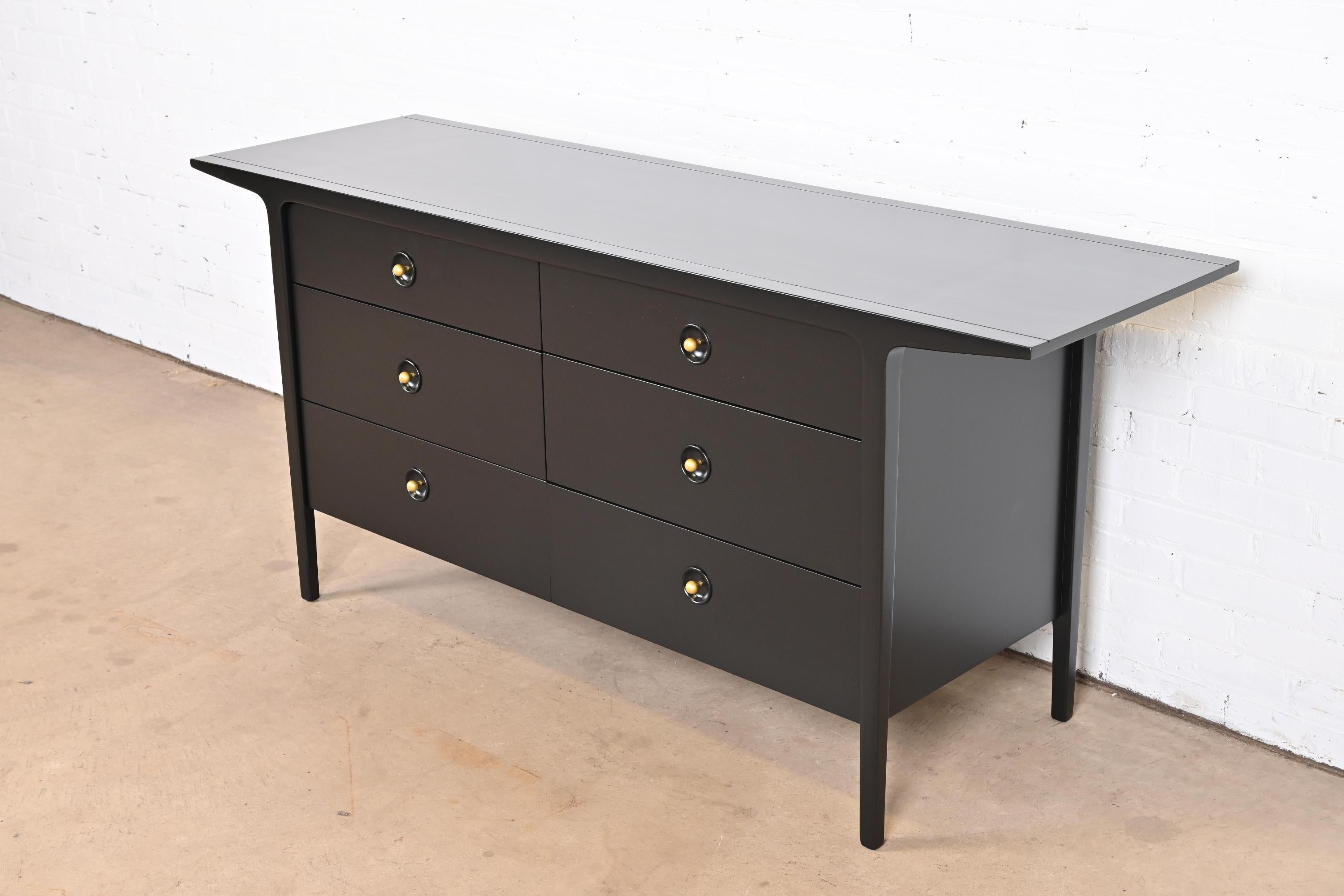 John Van Koert for Drexel Black Lacquered Double Dresser, Newly Refinished In Good Condition In South Bend, IN