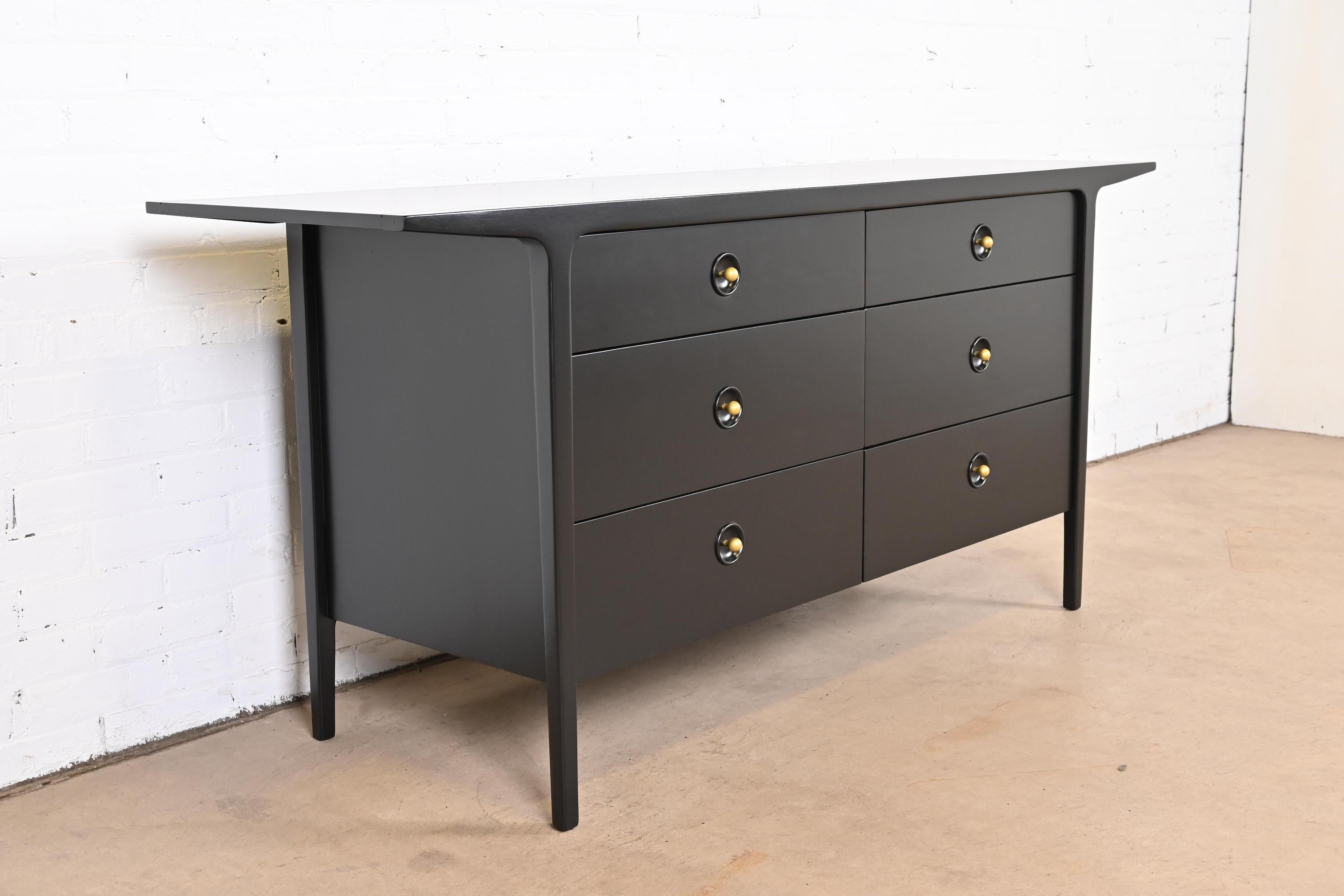 Mid-20th Century John Van Koert for Drexel Black Lacquered Double Dresser, Newly Refinished