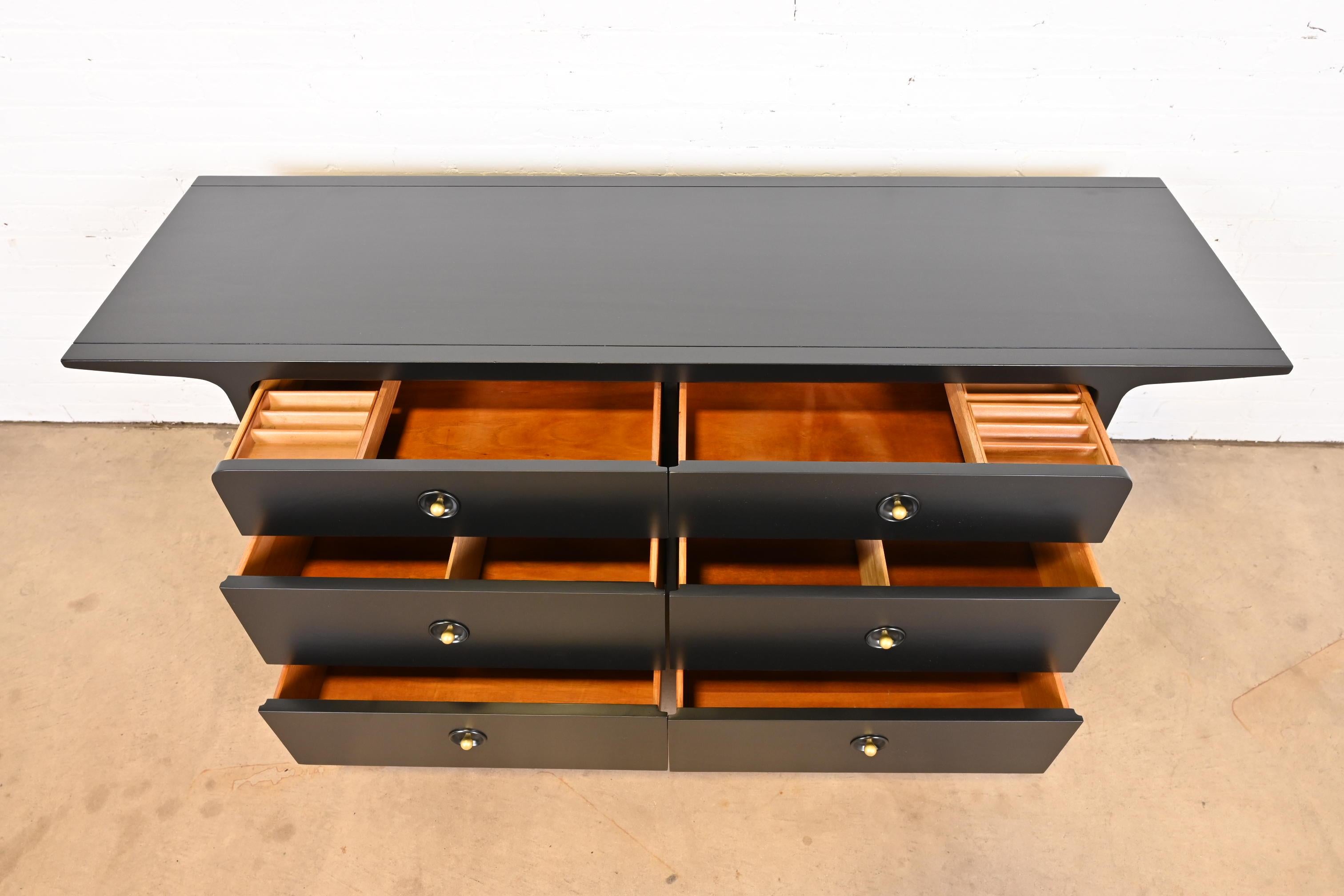 Brass John Van Koert for Drexel Black Lacquered Double Dresser, Newly Refinished