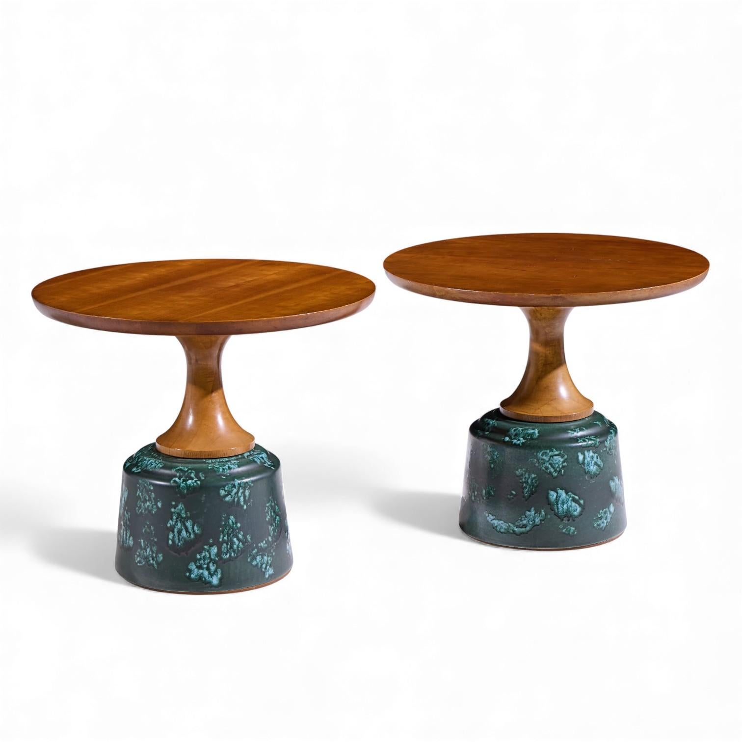 John Van Koert for Drexel Mid Century Green Ceramic and Walnut Side End Tables - Pair

Each side table measures: 24 wide x 24 deep x 20.5 inches high

Excellent Vintage Condition.

We take our photos in a controlled lighting studio to show as much