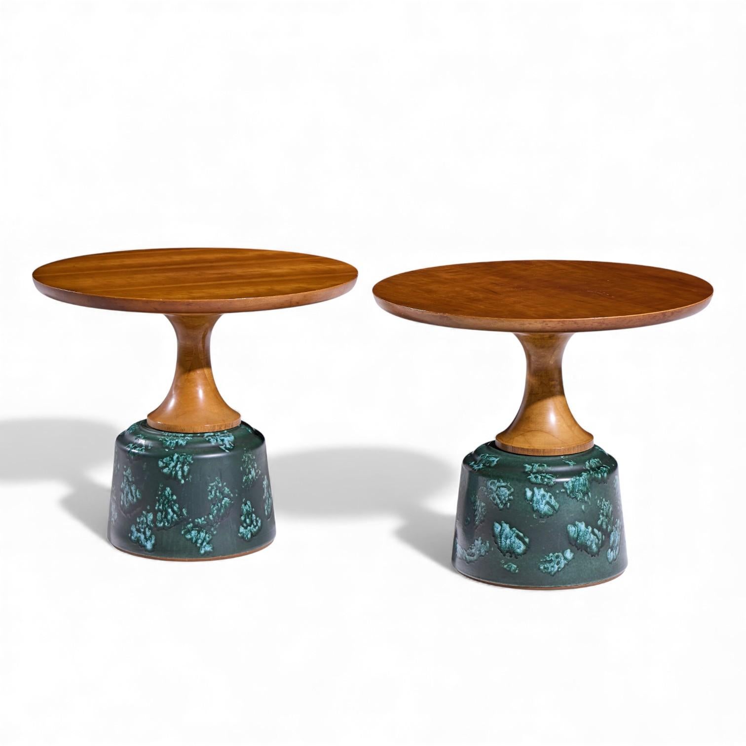 Mid-Century Modern John Van Koert for Drexel Green Ceramic and Walnut Side End Tables - Pair For Sale