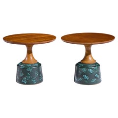 John Van Koert for Drexel Green Ceramic and Walnut Side End Tables - Pair