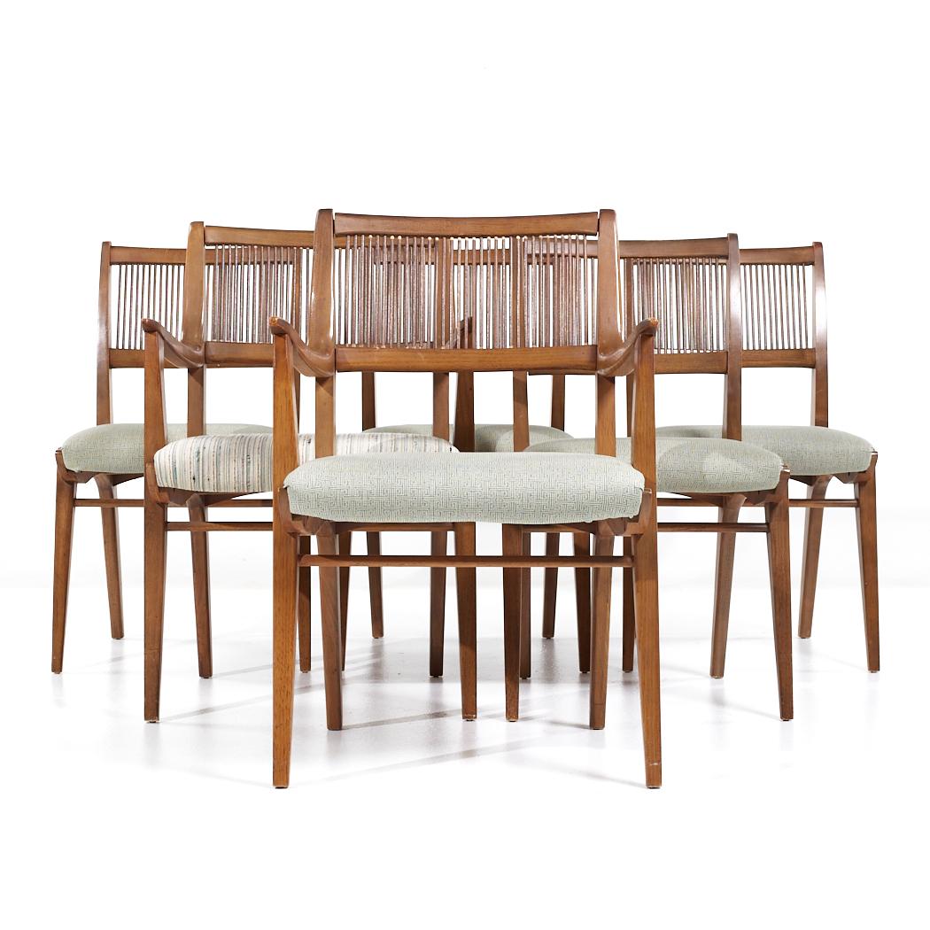 John Van Koert for Drexel Mid Century Walnut Dining Chairs - Set of 6

Each armless chair measures: 20 wide x 21.5 deep x 34.5 high, with a seat height of 19 inches
Each captains chair measures: 23.25 wide x 23 deep x 35.25 high, with a seat height