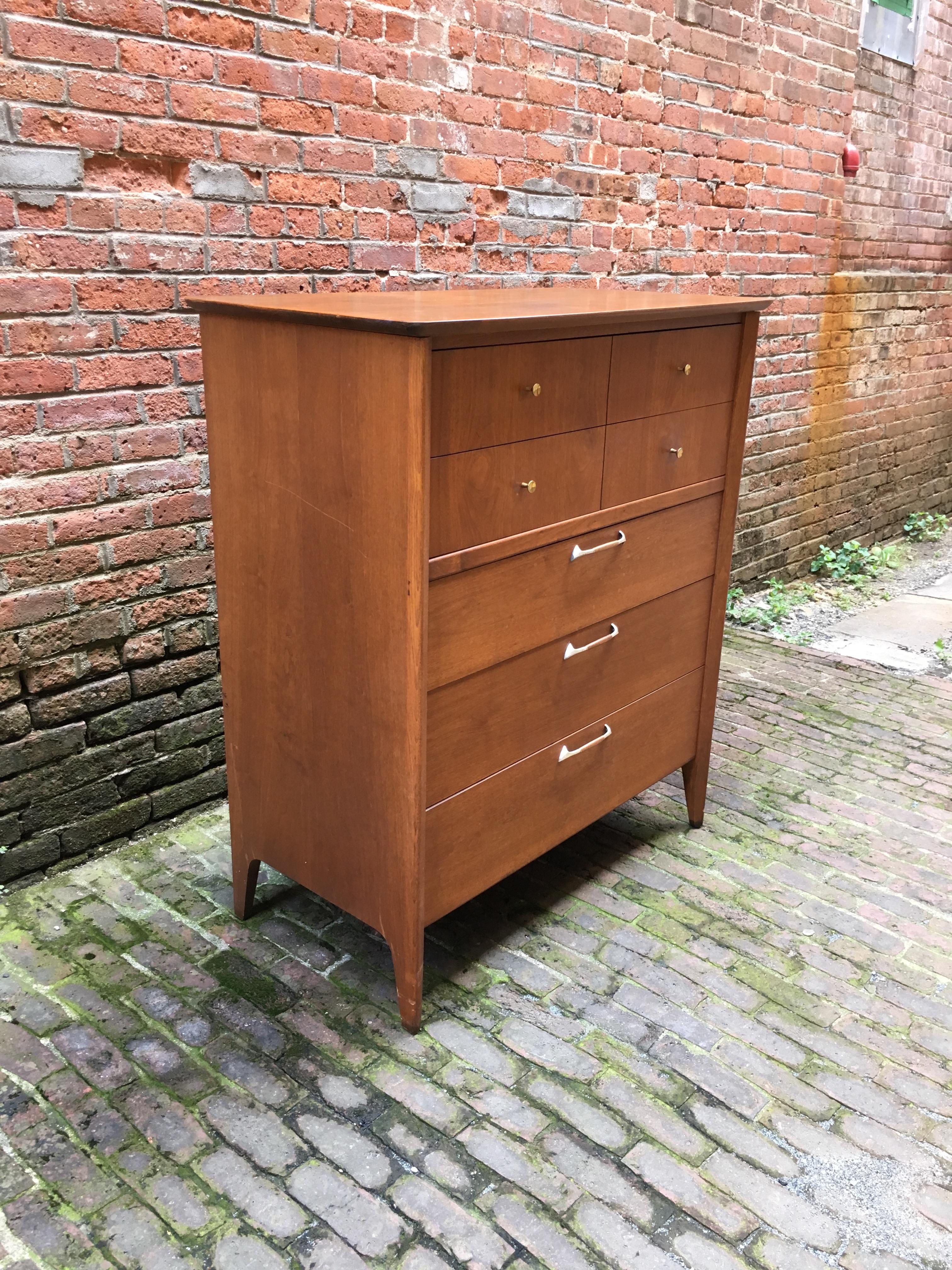 John Van Koert designed dresser for Drexel. Tall five drawer dresser made of walnut veneers, circa 1960. Divided drawers. Good deep storage. Original finish.
