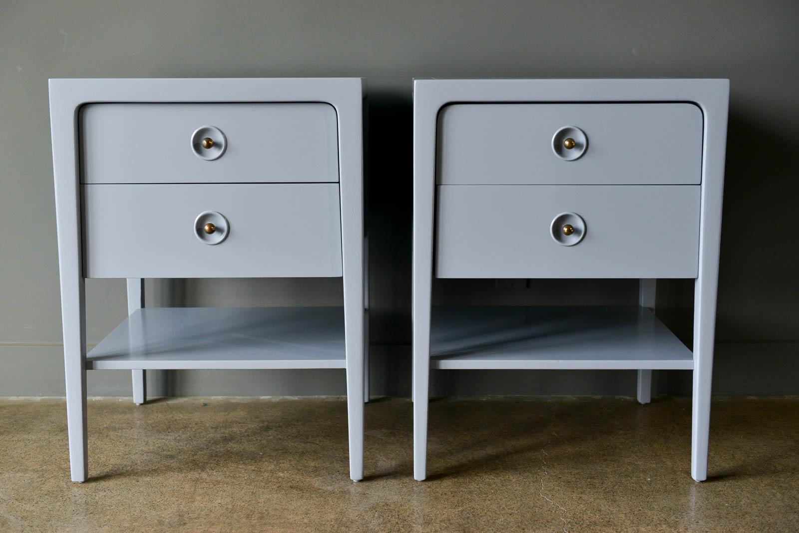 John Van Koert for Drexel pair of nightstands, circa 1960. Part of the counterpoint line for Drexel, these are model 8004, night chest. They have been professionally restored and painted in a beautiful soft grey with the original brass