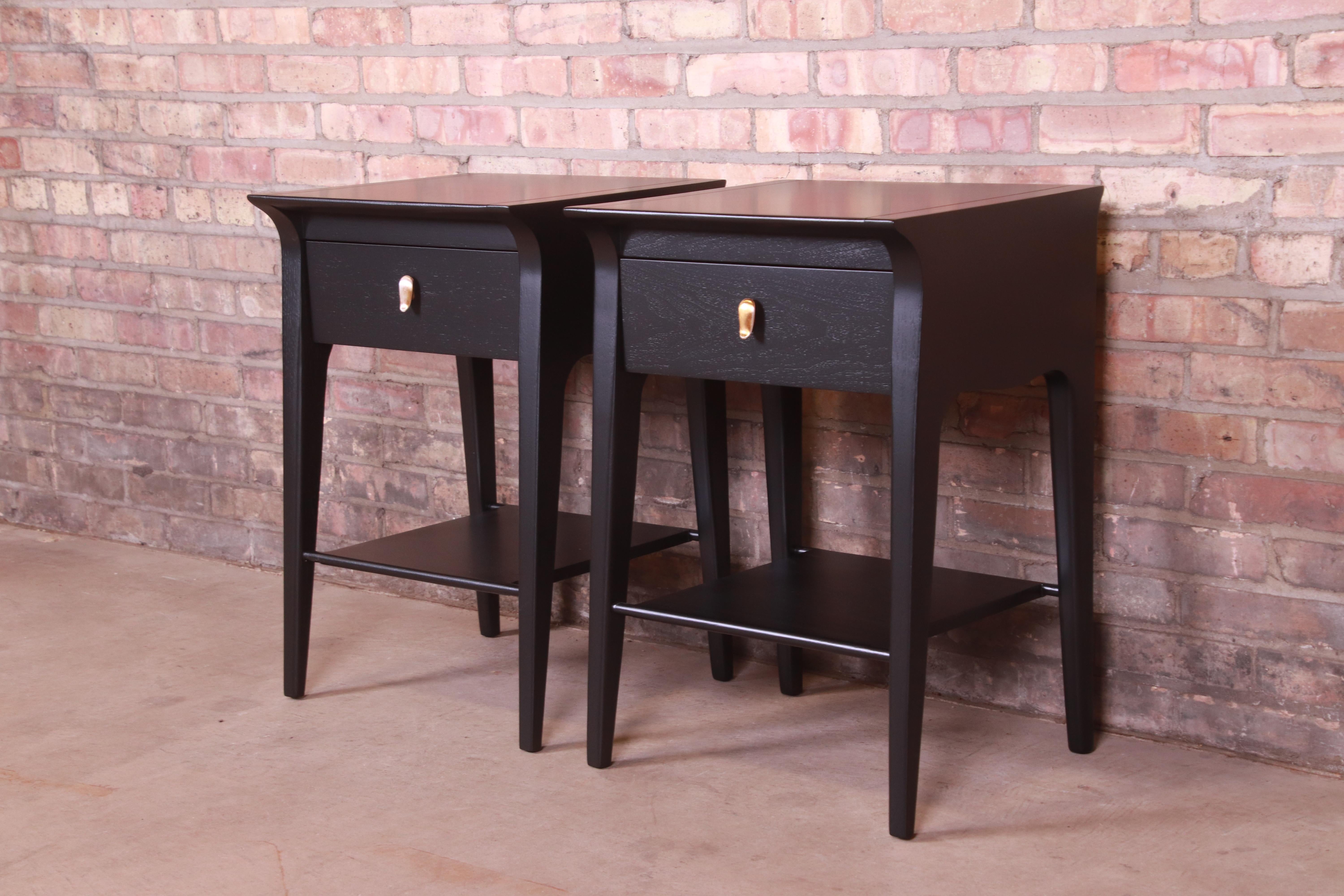 John Van Koert for Drexel Profile Black Lacquered Nightstands, Newly Refinished In Good Condition In South Bend, IN