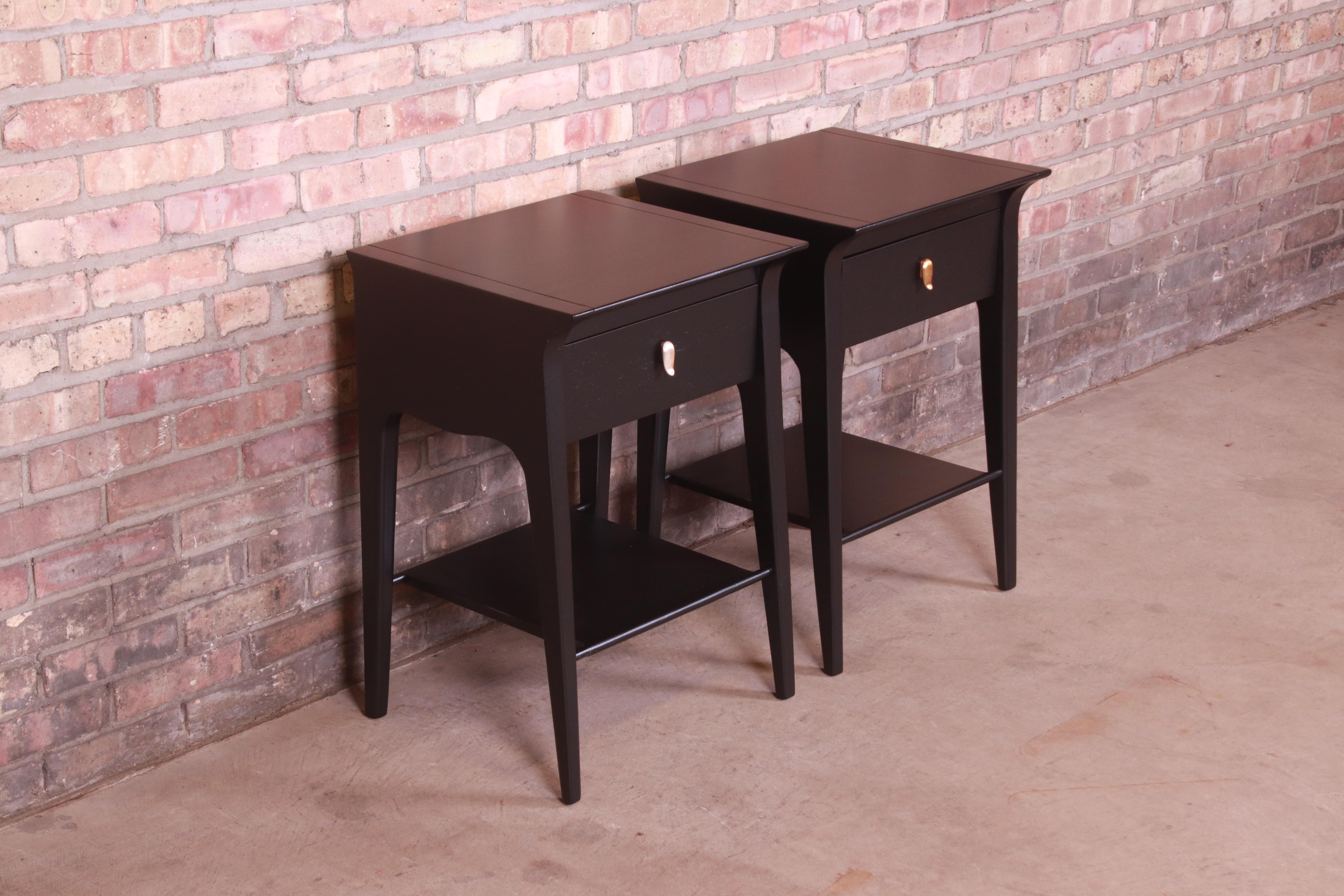 Mid-20th Century John Van Koert for Drexel Profile Black Lacquered Nightstands, Newly Refinished