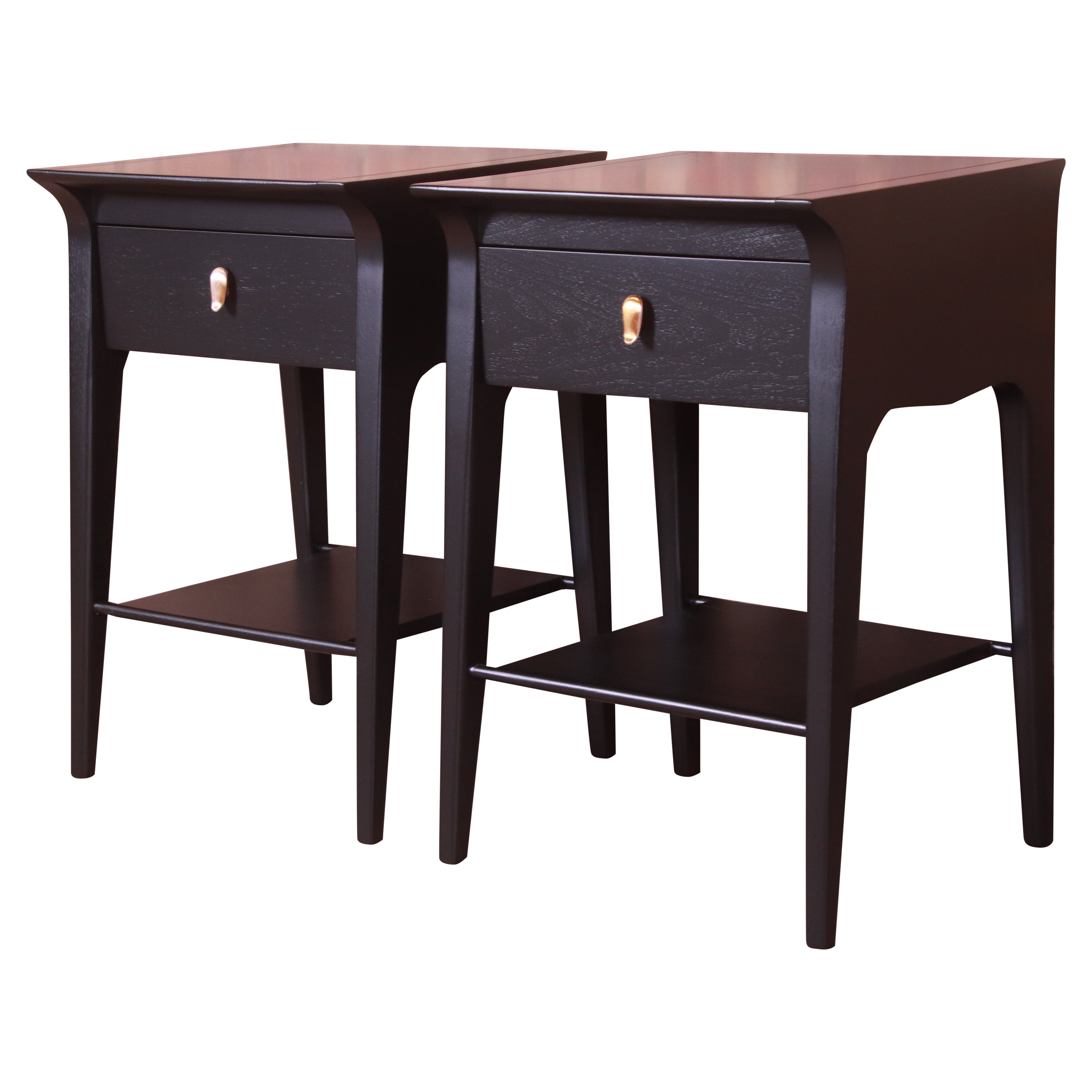 John Van Koert for Drexel Profile Black Lacquered Nightstands, Newly Refinished