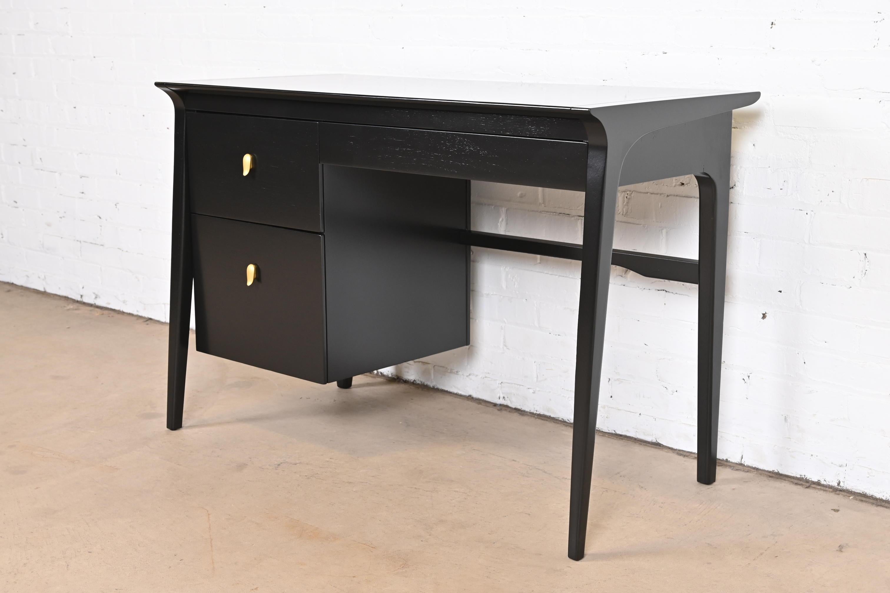 Mid-Century Modern John Van Koert for Drexel Profile Black Lacquered Writing Desk, Newly Refinished