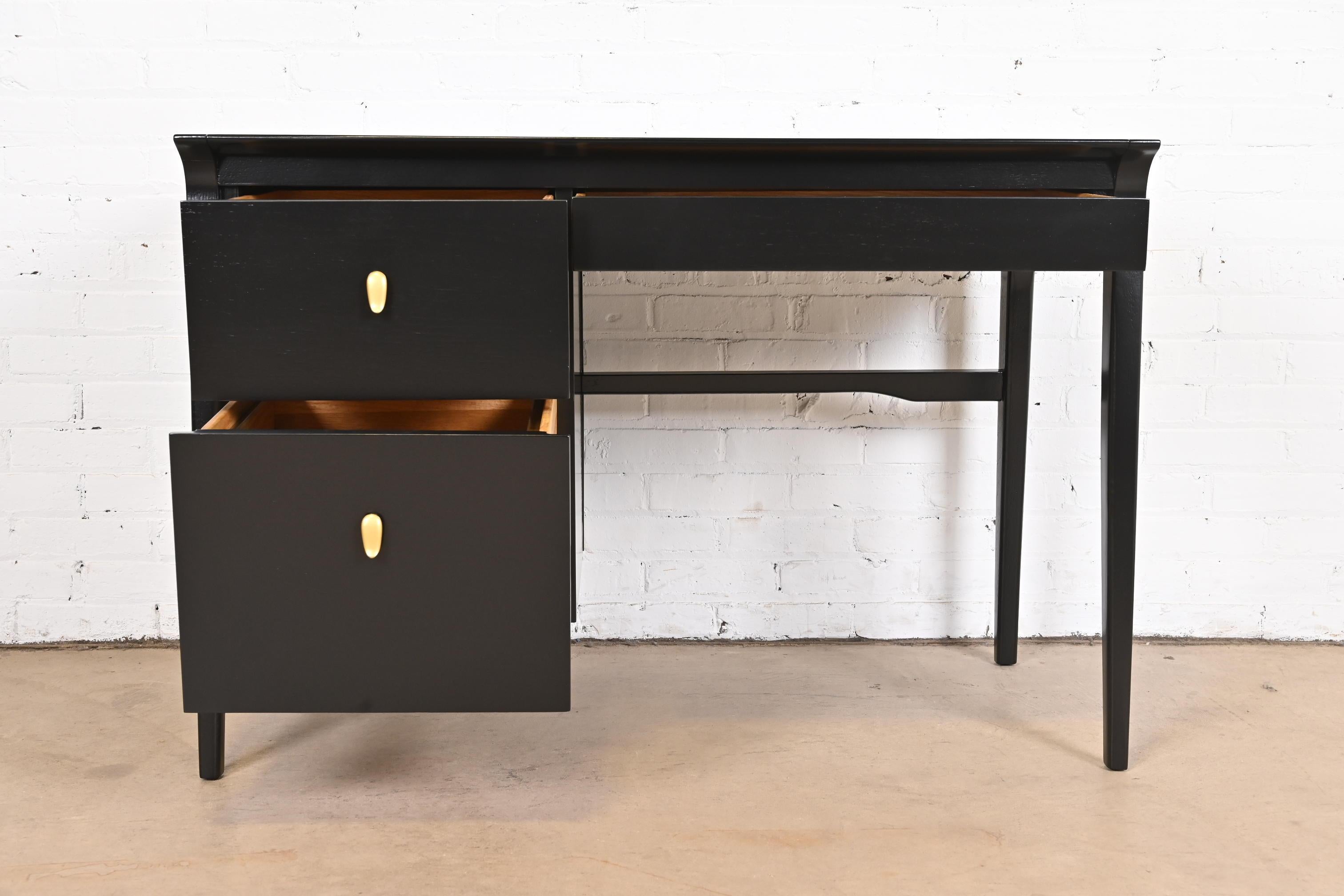 Brass John Van Koert for Drexel Profile Black Lacquered Writing Desk, Newly Refinished