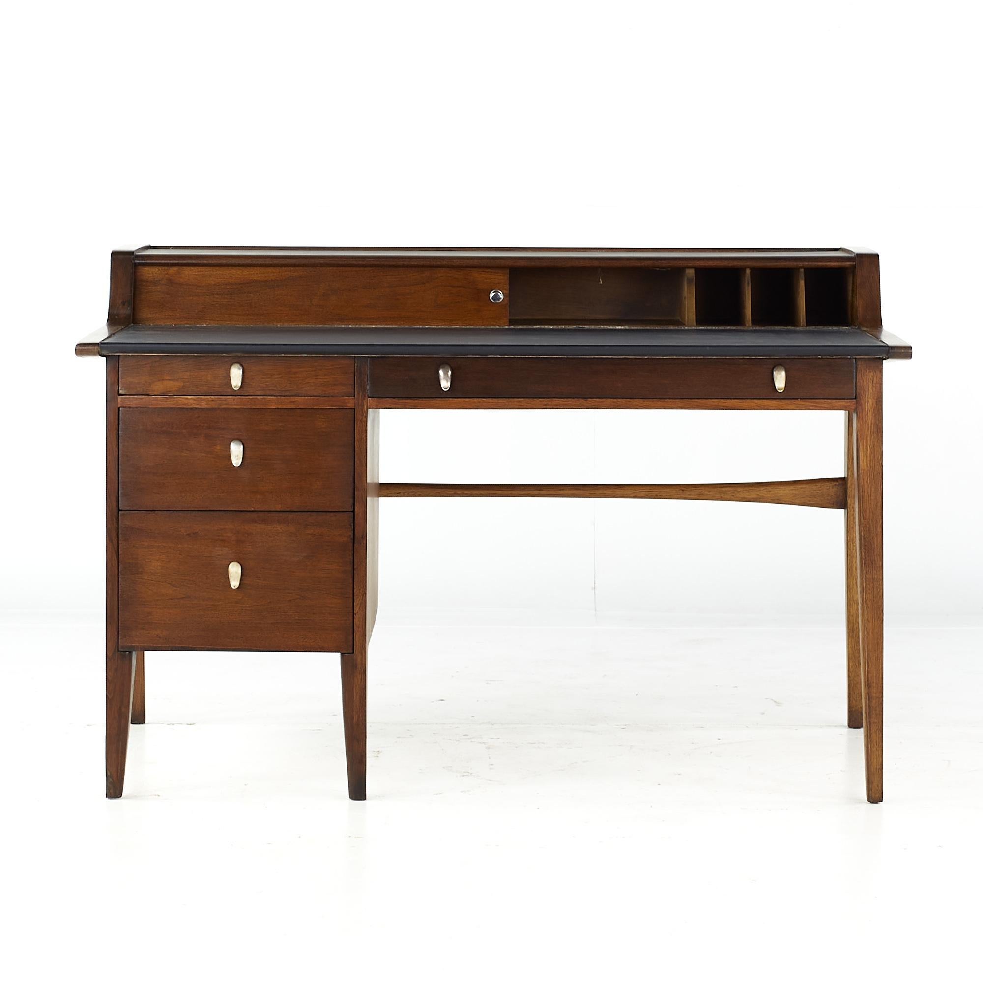 Late 20th Century John Van Koert for Drexel Profile Mid Century Leather Top Walnut Desk For Sale