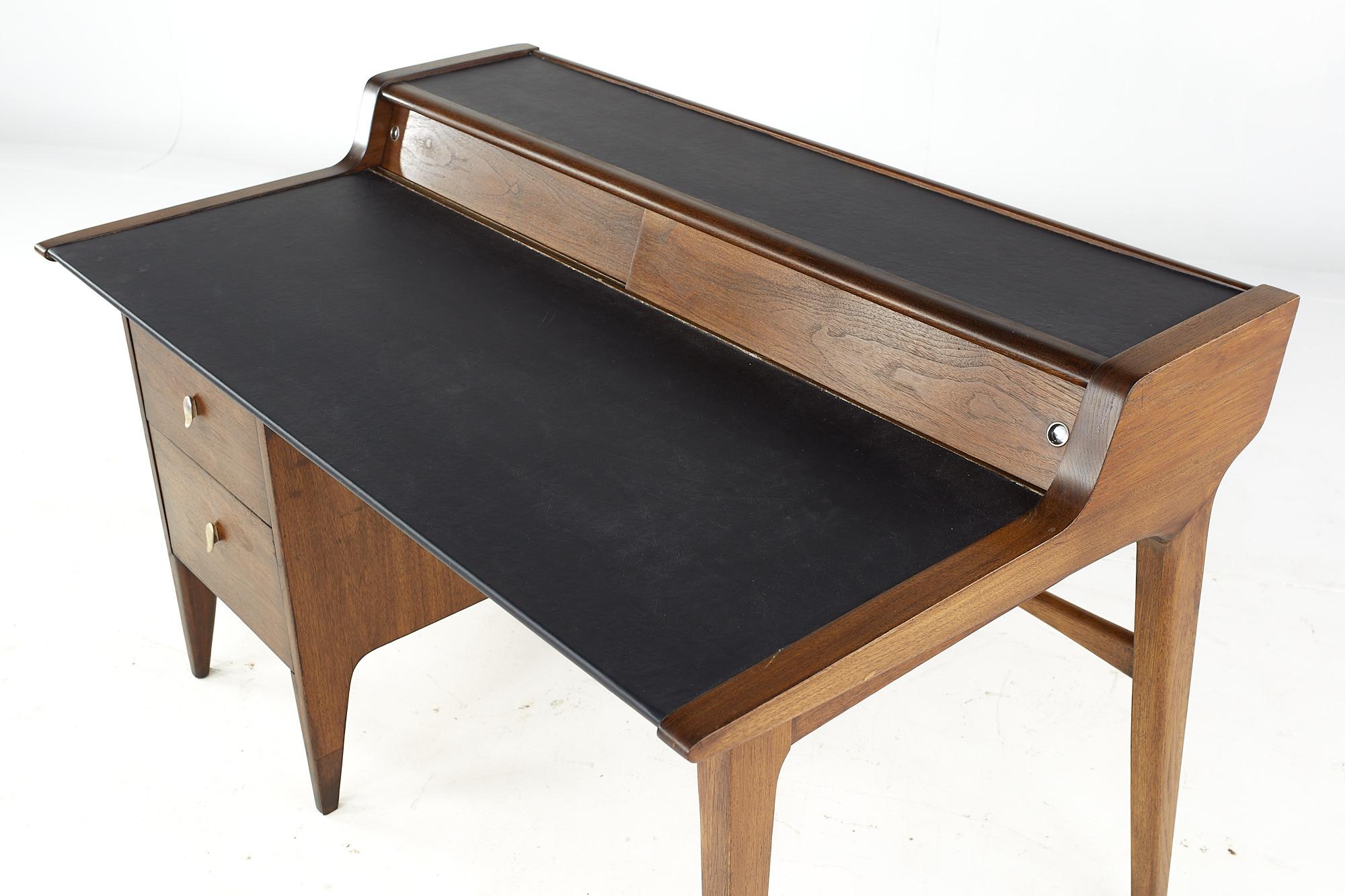John Van Koert for Drexel Profile Mid Century Leather Top Walnut Desk For Sale 1