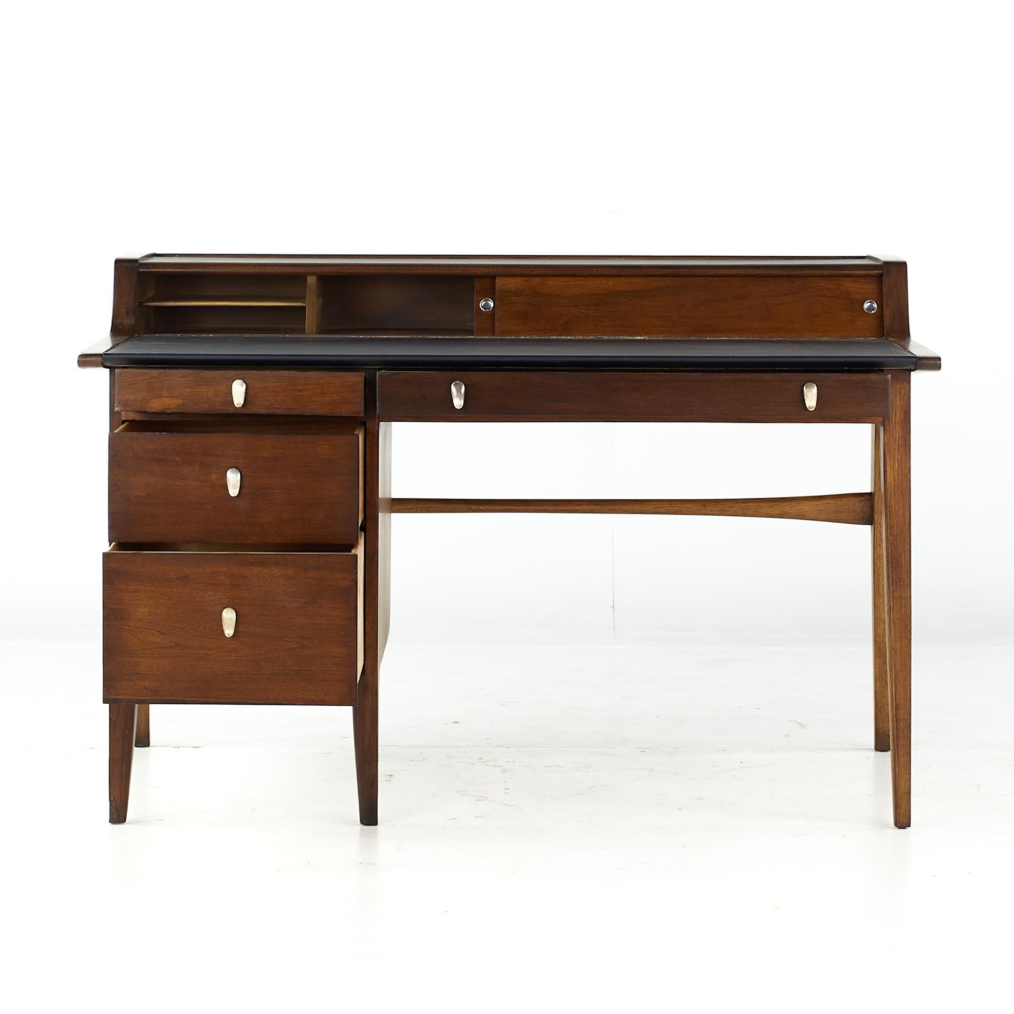 John Van Koert for Drexel Profile Mid Century Leather Top Walnut Desk For Sale 2